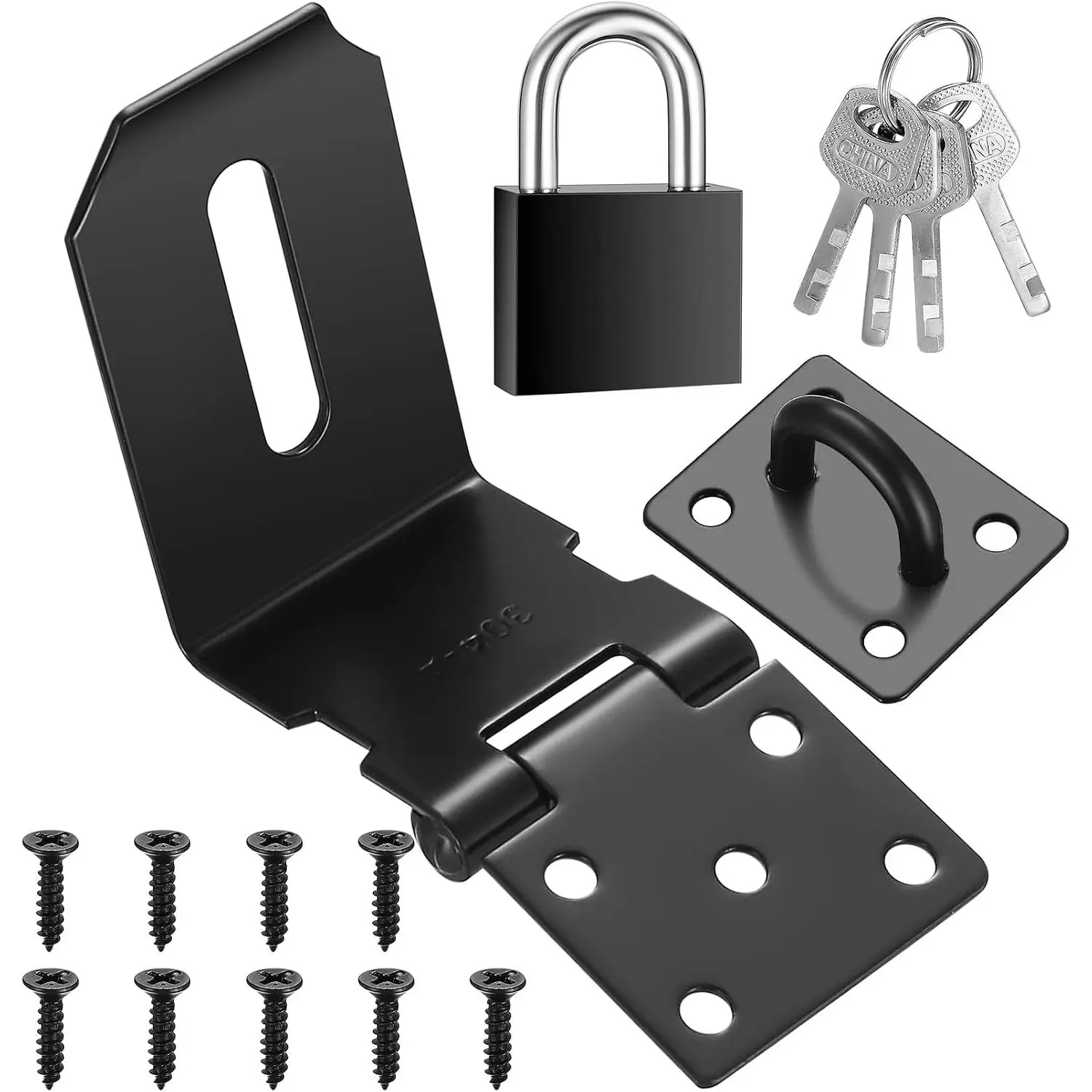 4 Inch 90  Padlock Hasps, Stainless Steel Latch Lock Padlock Hasp with Padlock and  Set, Right Angle Safety Door Latches, Gate Lock Hasp Latches for Cabinets, Closets Doors