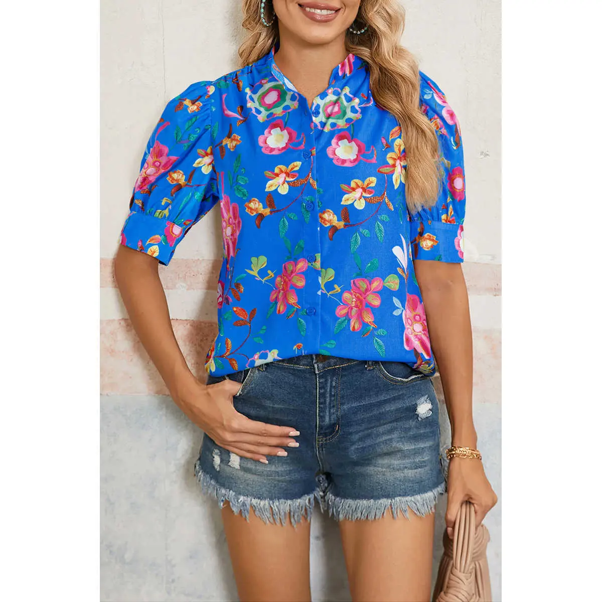Women's Feminine Polyester Collared Neck Blouses & Shirts - Short-Sleeve Puff-Sleeve, Colorful Floral Print, Button-Up, Elegant Casual Style Top for Summer, Vacation Wear