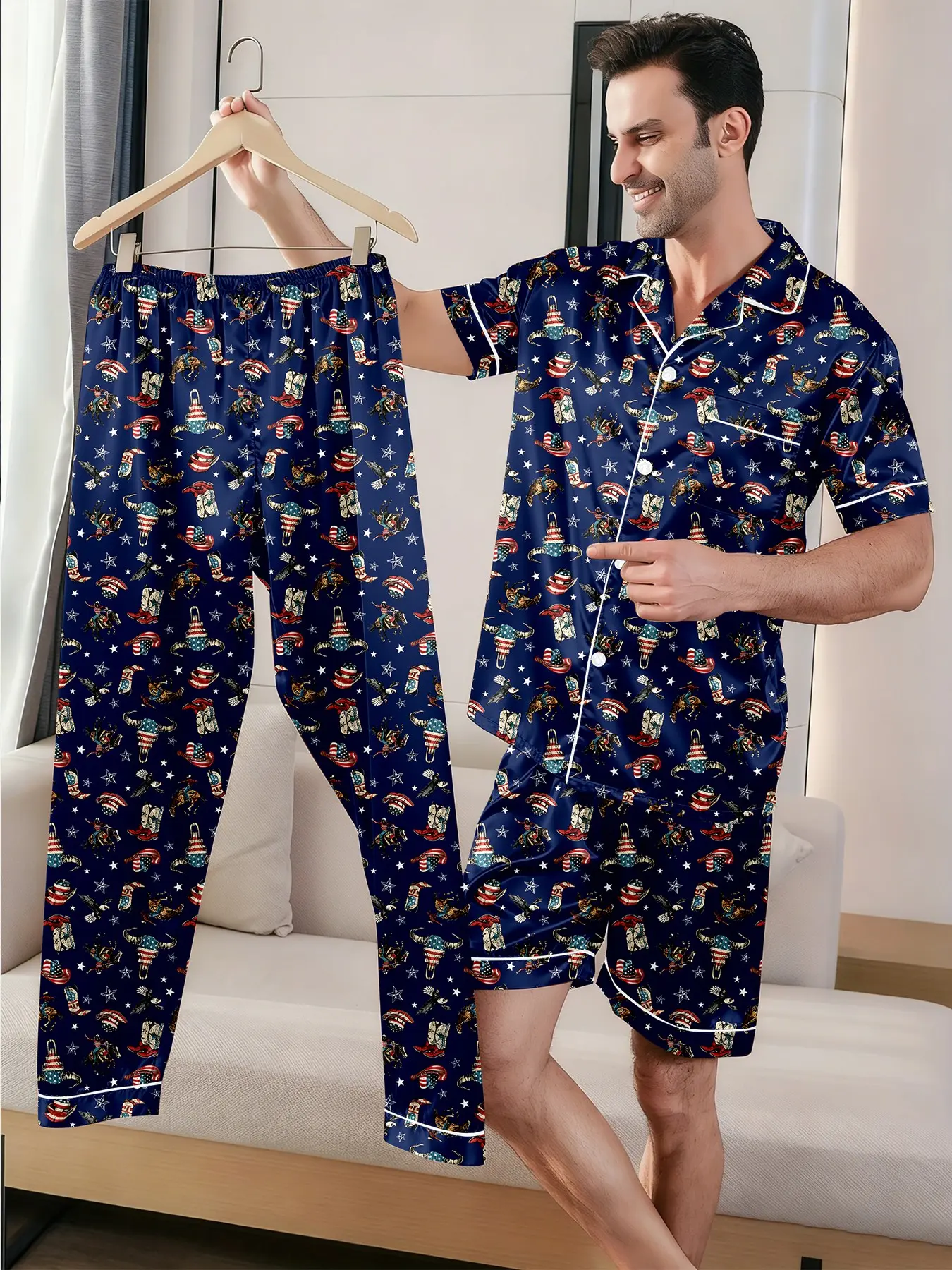 Men's 3-Piece Spring Summer Reverse Collar Button Open Front Loose Sleepwear Set, Short Sleeve Shorts Long Pants, Fall Home Wear