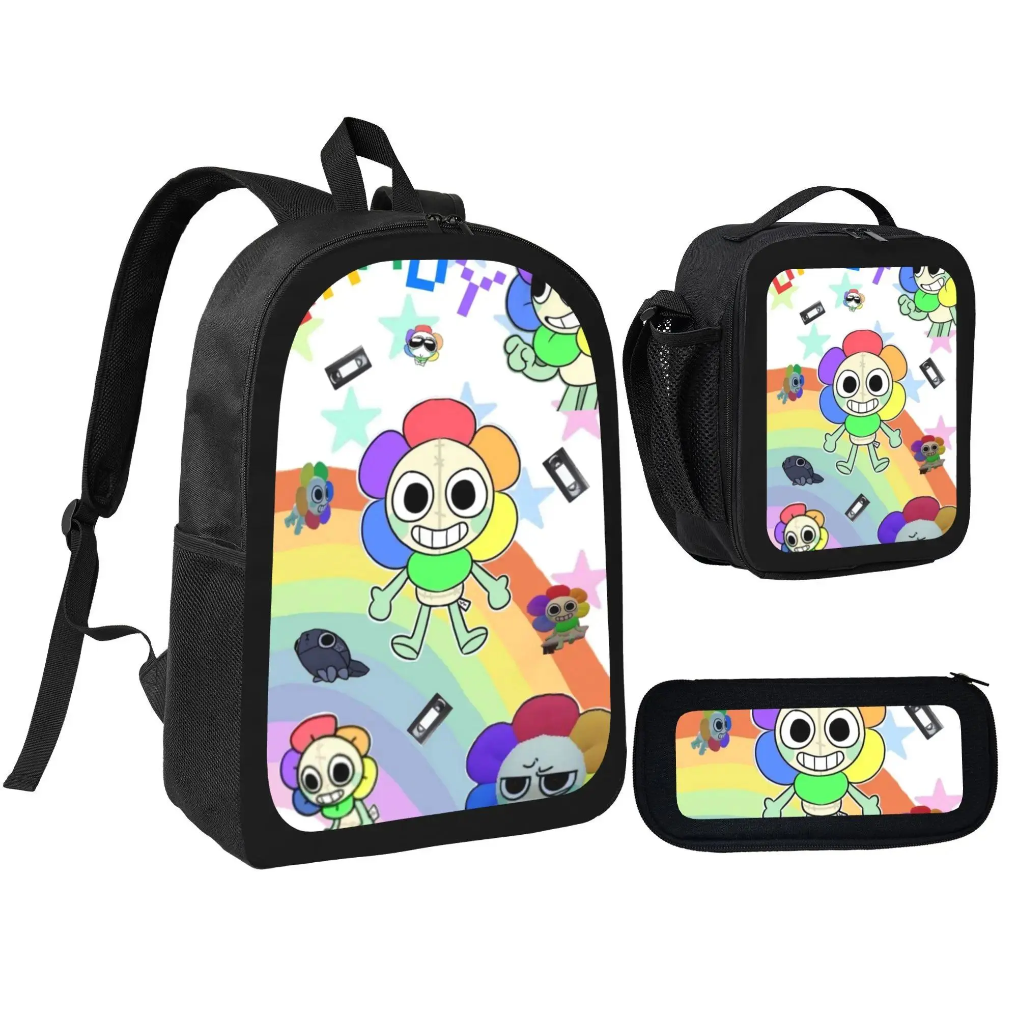 Dandy's World Kids School Backpack Set of 3 - 3-in-1 Daypack with Insulated Thermal Lunch Bag and Big Zipper Pencil Case, Breathable Padded Straps, Water-Resistant Cartoon Travel Bag for Boys Girls