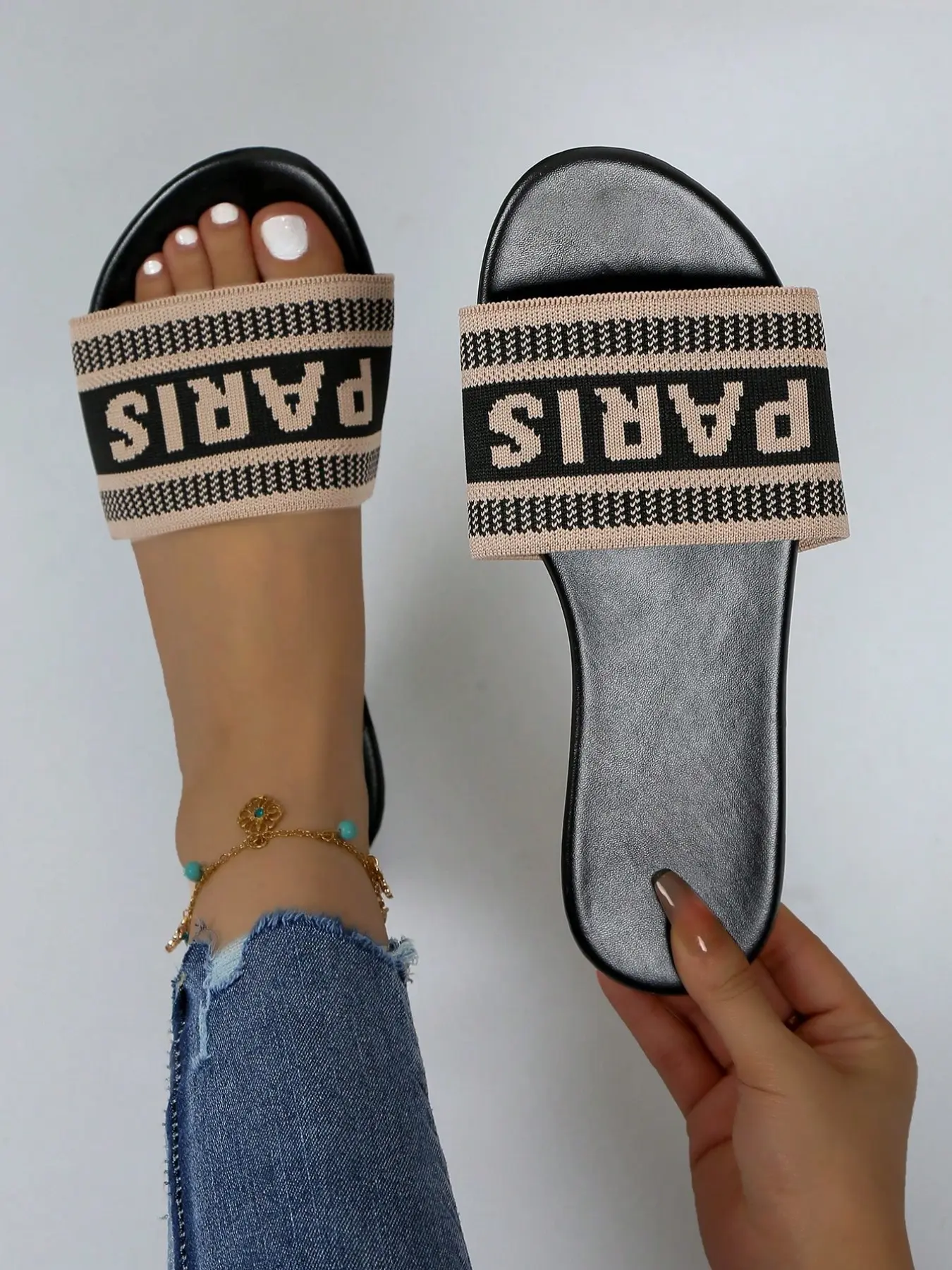 Paris Letter Print Sandals, PU Leather Round Toe, Wide Fit, Soft Rubber Sole, Anti-Slip, Summer Streetwear, Beach, Home, Shopping