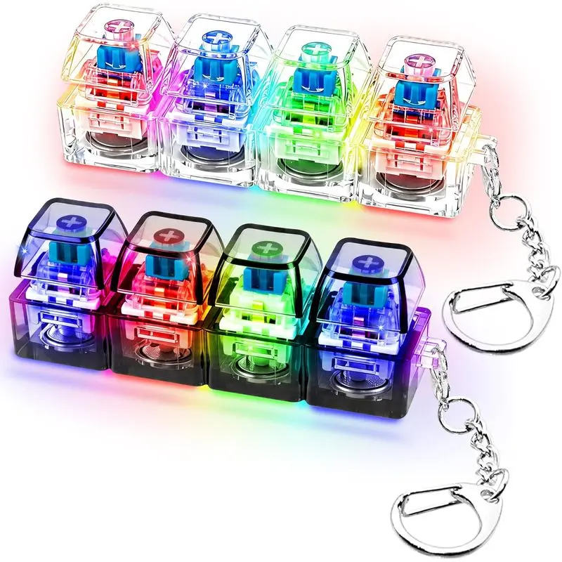 2 PCS Glow Keyboard Fidget Toy, Keyboard Fidget with LED Light Keychain 4-in-1 Keyboard Decompression Button Finger Clicker Toys, Button Stress Relief Fidget Gifts for Kids Adults(Clear Black)