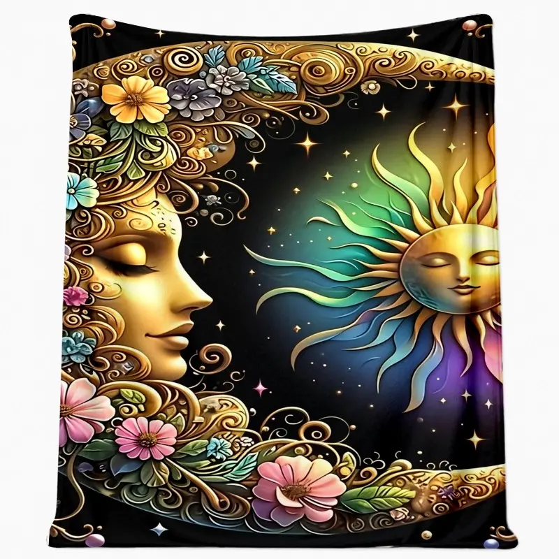 Bohemian Sun and Moon Flannel Blanket, Dreamy Starry Design, Floral Pattern, Lightweight All-Season Throw, Sofa Bed Travel Office