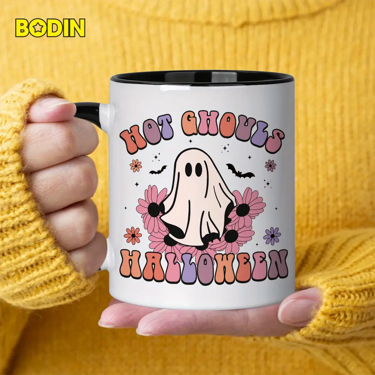 1pc, 11oz, Ceramics, Coffee Mug, Coffee Mug with "Hot Ghouls Halloween" & Flowers Design, Dishwasher Safe, Fun Coffee Mugs, Ideal Gift for Family/Friends, Halloween/Holiday/Party/Birthday Gifts