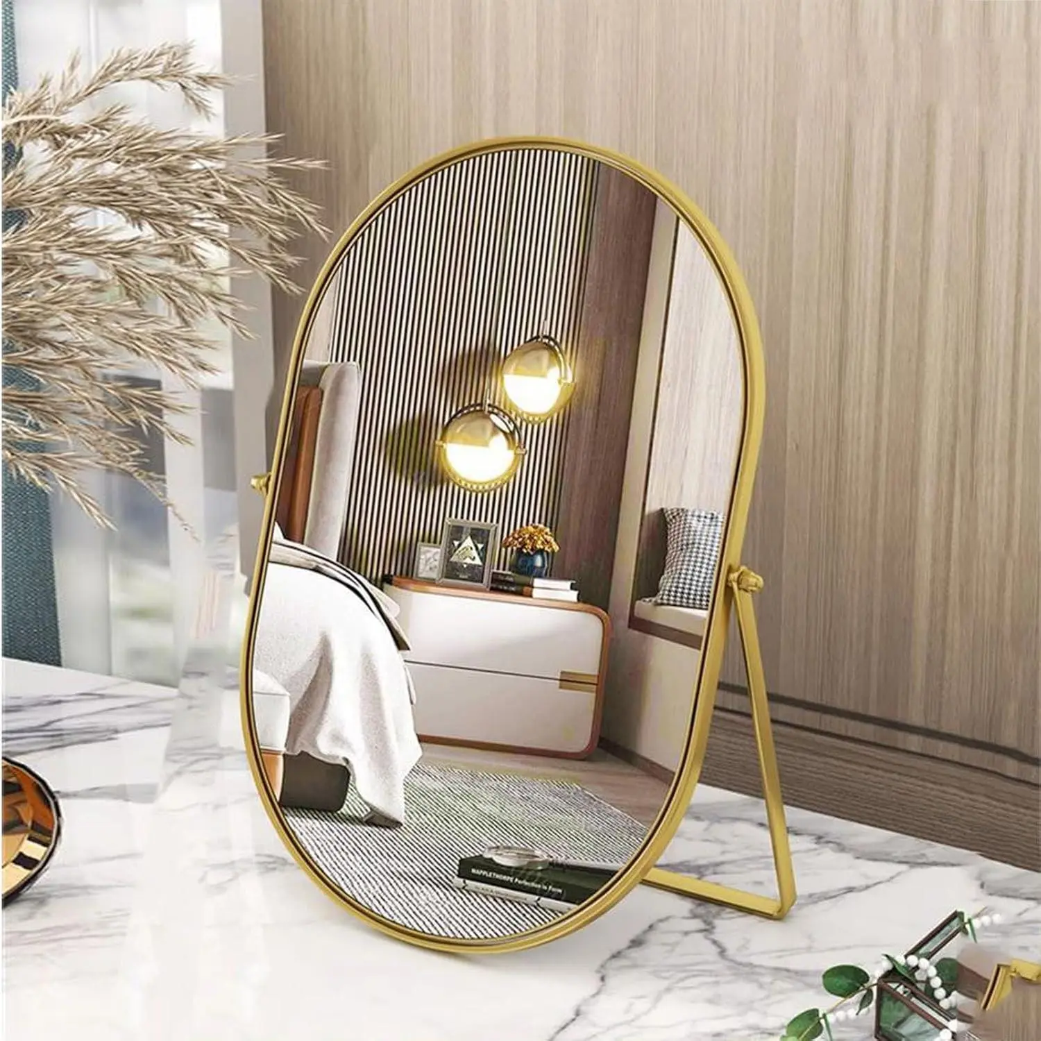 Desk Table Mirror Oval Makeup Mirror 90°Adjustable Rotation Golden Metal Framed Standing Mirrors Room Decor for Living Room,Bedroom,Tabletop,Bathroom