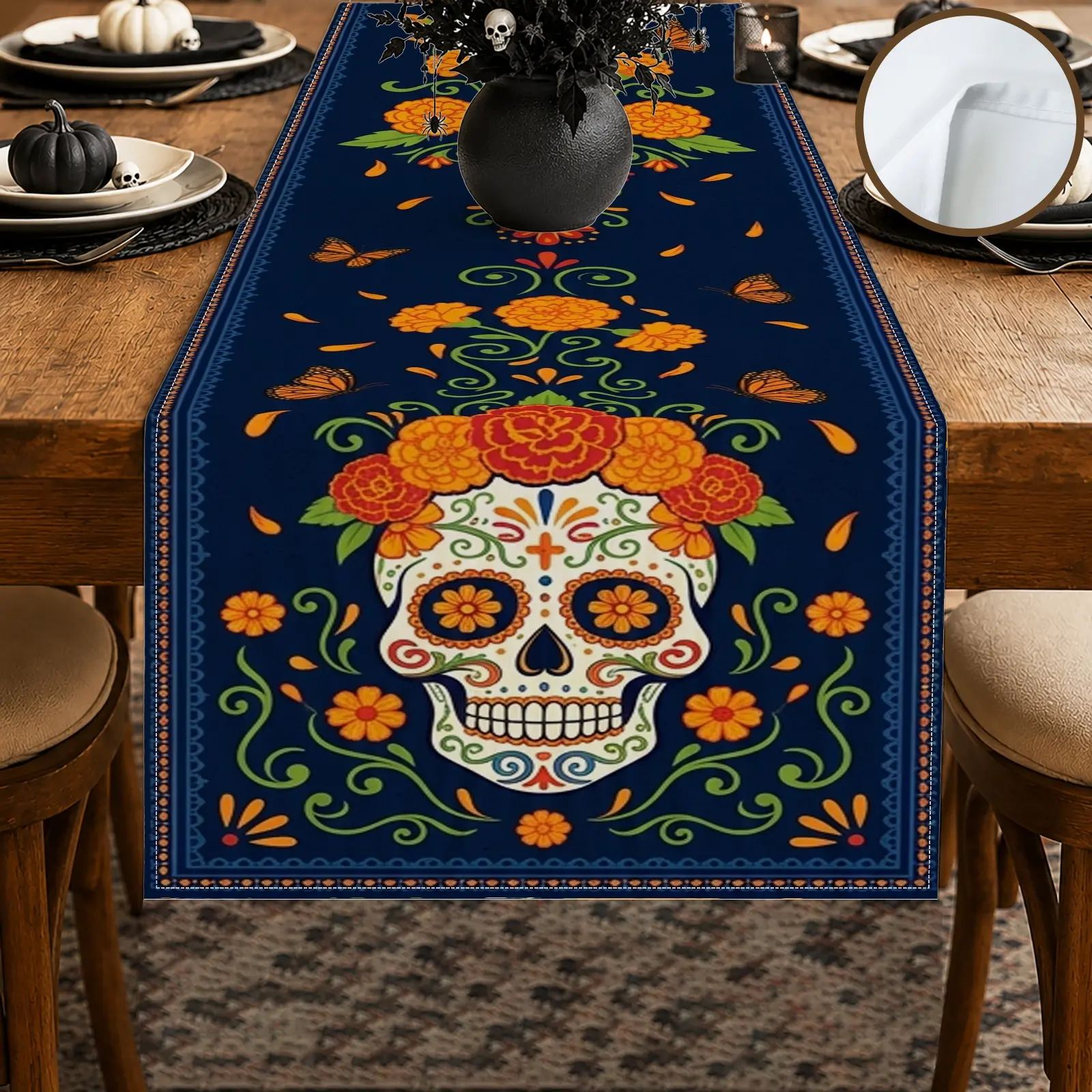 1pc Skull Floral Marigold Table Runner, Colorful Boho Style, Decorative Border and Watercolor Style Print, for Dining Table Home Decor Halloween Party Day of the Dead Decor