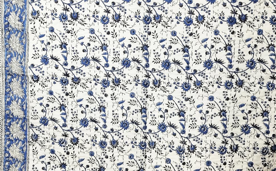kanthaNtapestryart Indian Hand Block Print Kantha Cotton Kantha Throw Blanket Indian Bedspread Kantha Bed Cover Sofa Throw Bedspread Blanket (King/Queen Size 90x108 Inch), Blue