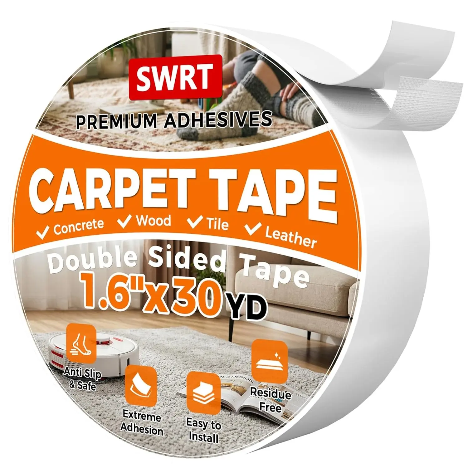 Double-Sided Carpet Tape, 1.6 Inch x 30 Yards – Strong Rug Tape for Hardwood Floors