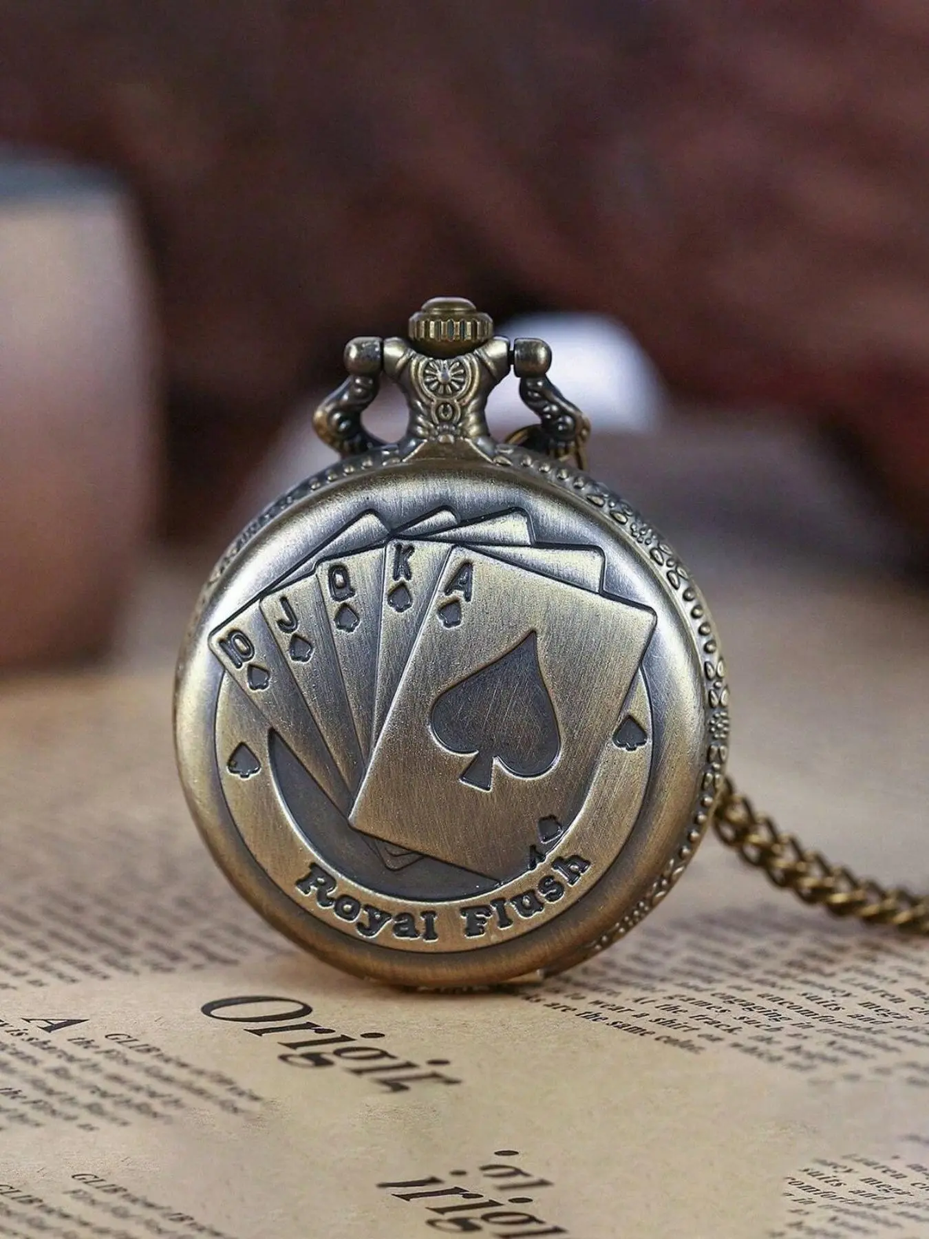 Vintage Bronze Chain Pocket Watch, Ace Poker Pattern Quartz, Antique Wall Clock, Gift for Men and Collectors