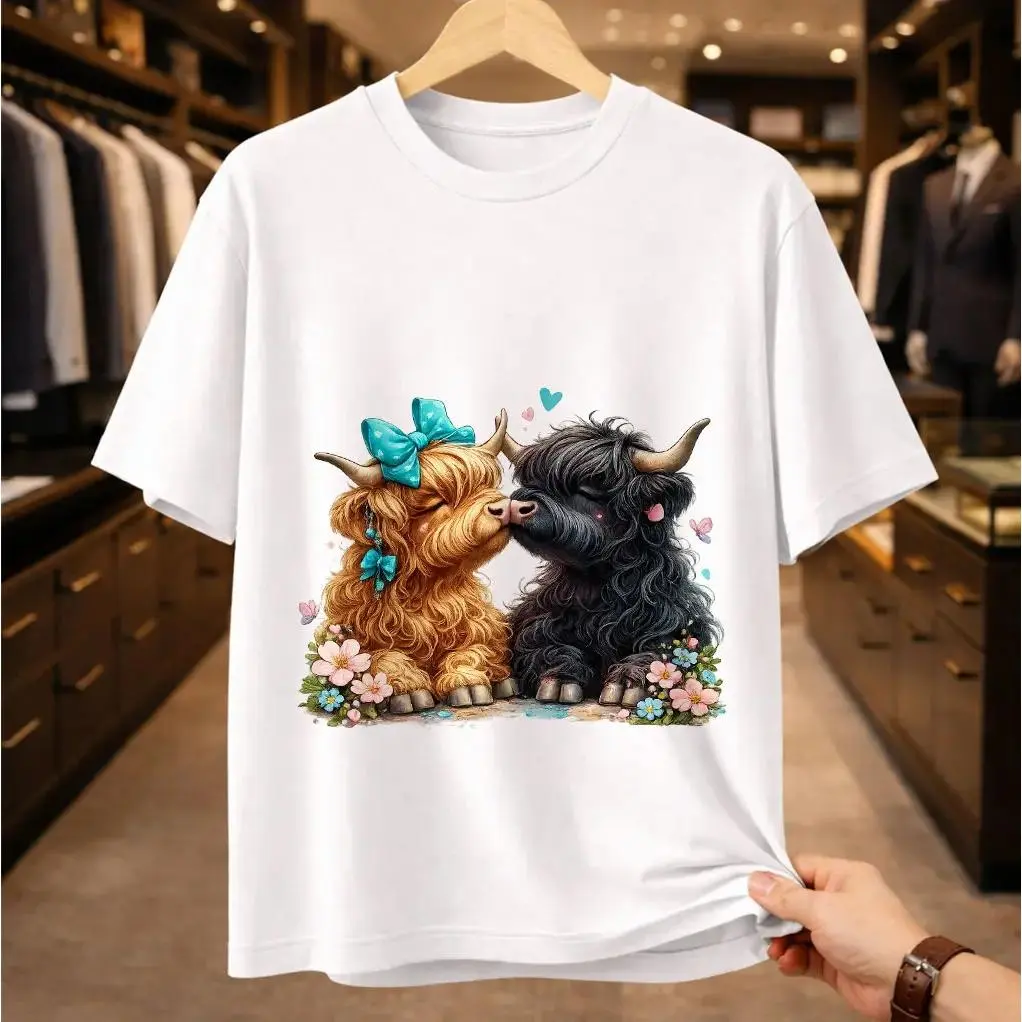 Cute Highland Cow T-Shirt for Women, Fluffy Cow Kissing Graphic Tee, Whimsical Floral Farmhouse Shirt, Premium Cotton-containing Short Sleeve Top, Perfect Gift for Cow Lovers
