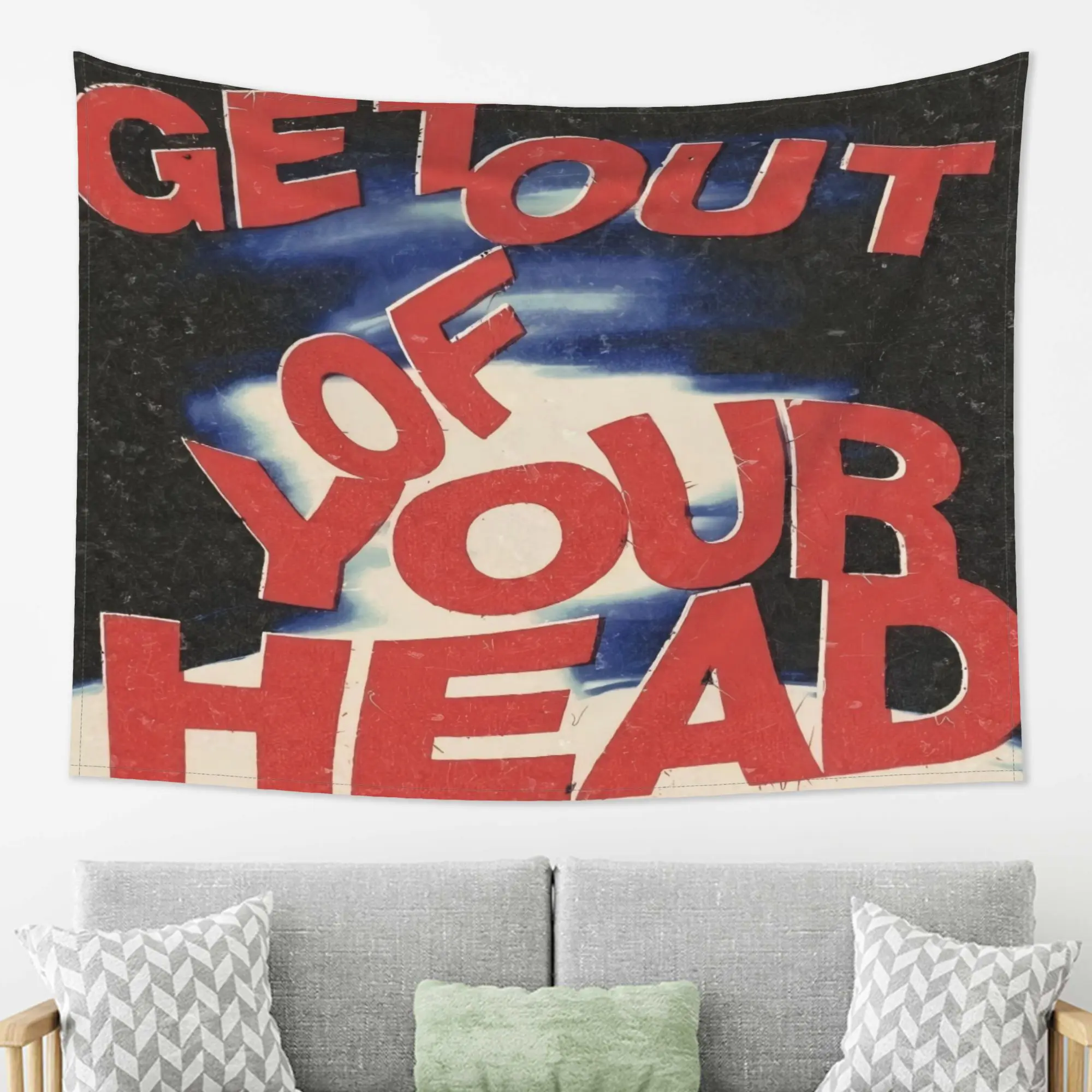 "Get Out of Your Head" Lightweight Peachskin Fabric Tapestry Wall Art - Smooth, Wrinkle Resistant, Anti-Pilling, Minimalist Text Print, Music-Themed Indoor Home Decor for Bedroom, Easy-Cleaning Hanging Gift, Indoor Use