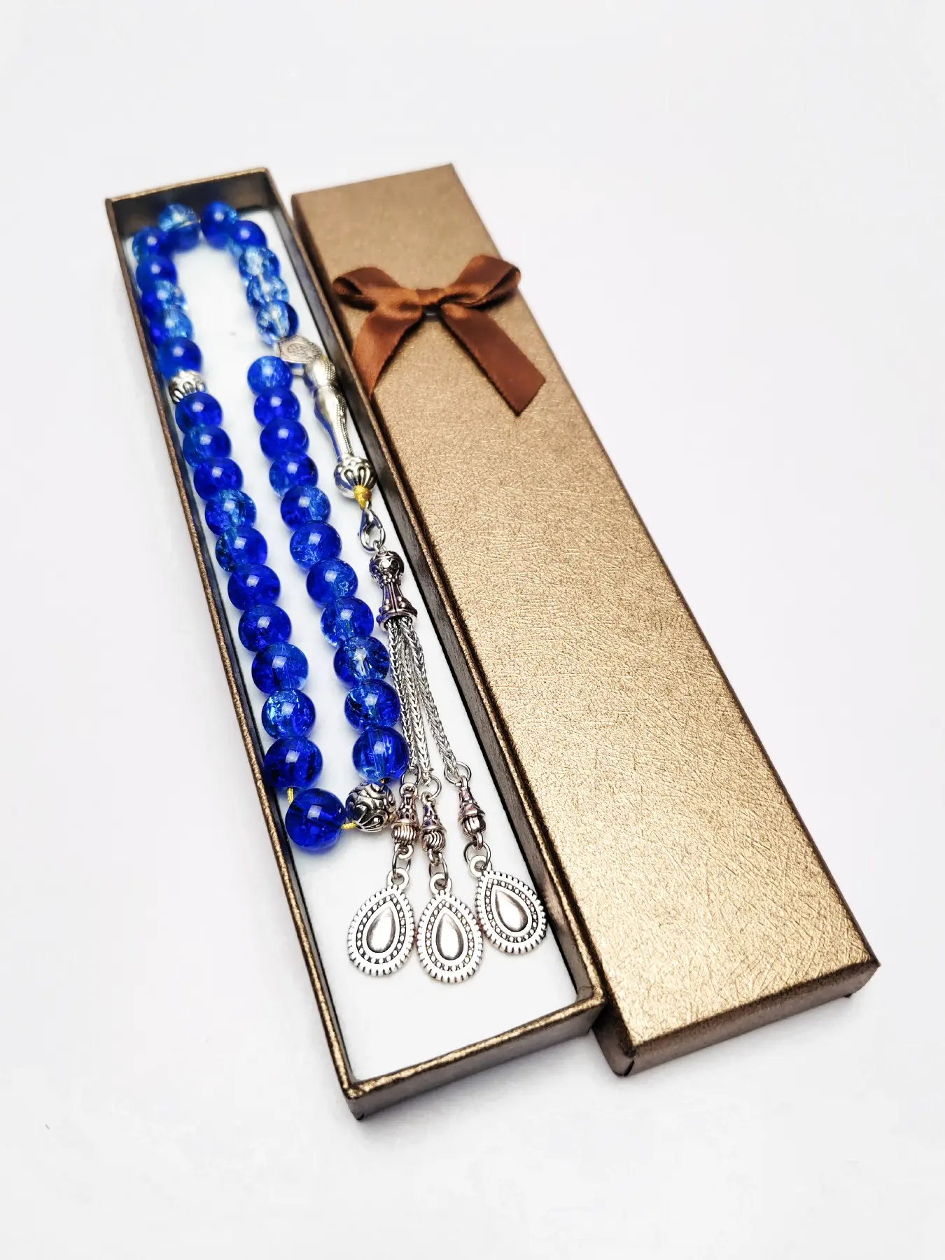 33 Beads 10mm Floral Glass Beads, Water Drop Carved Pendant, Middle Eastern Islamic Prayer Bead Bracelet, Muslim Ramadan Gift, Dual Blue Tone