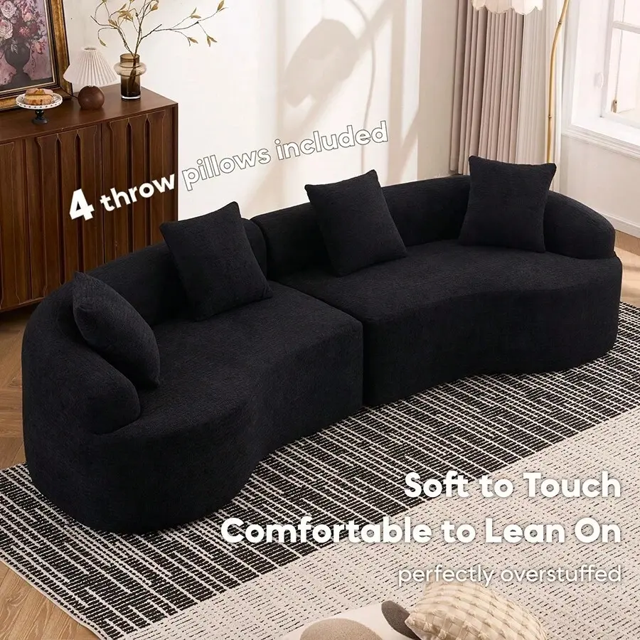 110" Modern Curved Boneless Chenille Fabric Cloud Sofa, 4-Seat Oversized Modular Sectional with Rounded Arms, Deep Seat Foam-Filled Couch with 4 Pillows, No Assembly Required for Living Room