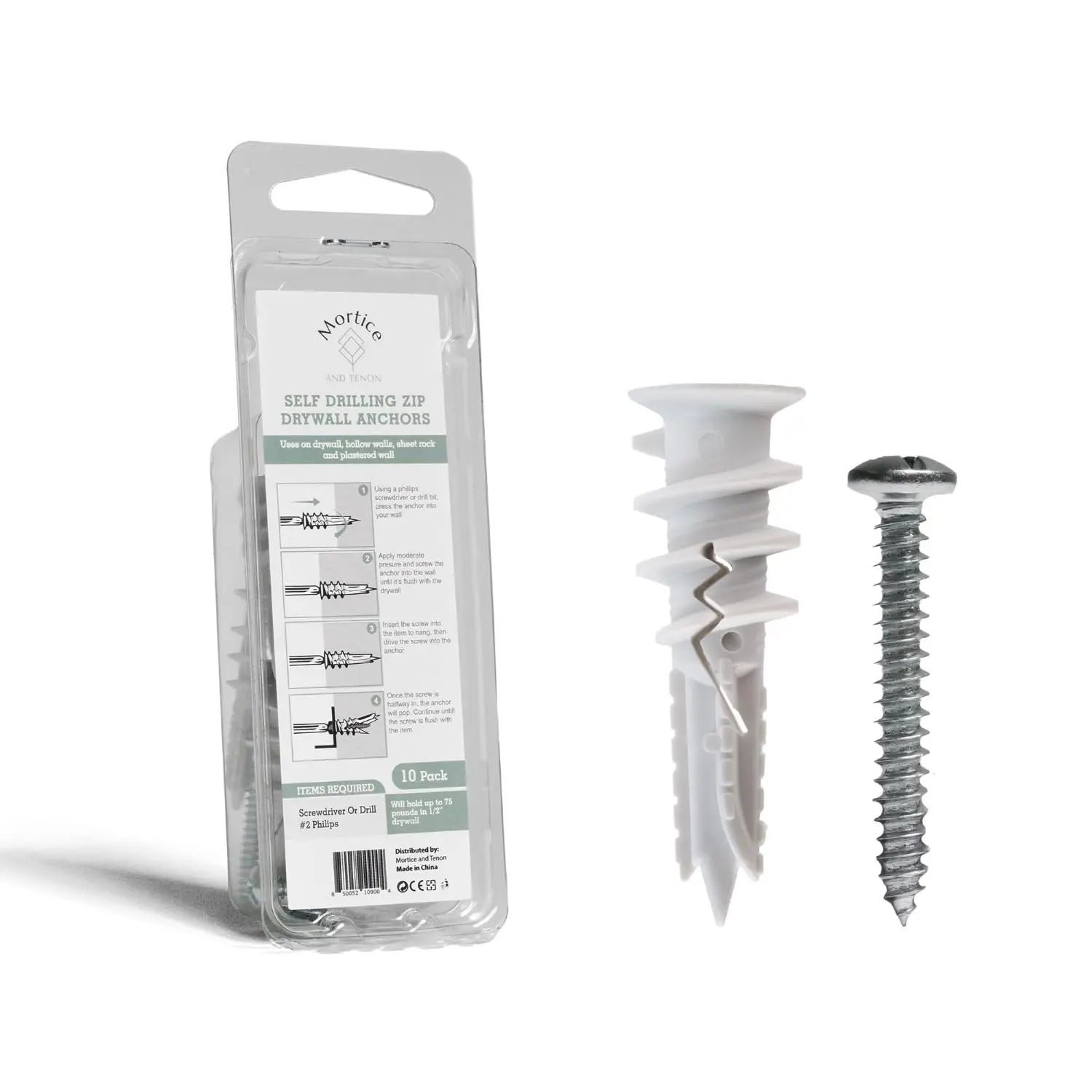Reinforced Nylon 66 Drywall Repair Anchors & Carbon Steel Screws Kit - 90lb Load Capacity, Small for Apartment Quick Fixes & Towel Racks, 10 Anchors & 10 Phillips Flat Screws, Anchors + Screws
