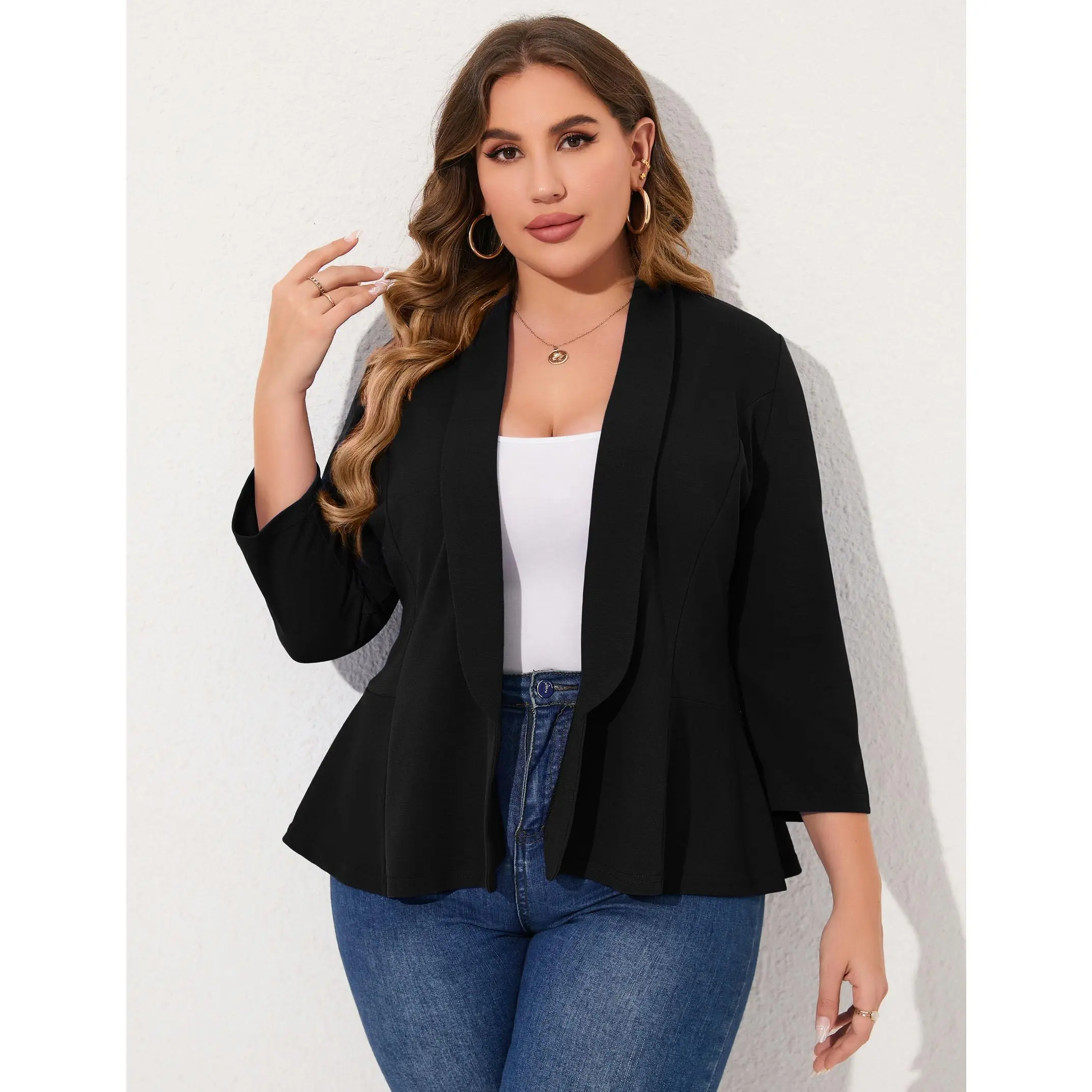 YF Plus Size Women Shawl Collar Peplum Blazer 3/4 Sleeve Open Front Casual Knit Suit Jacket Curvy Fit Office Work Outerwear for Business Daily Interview Spring Summer Fall
