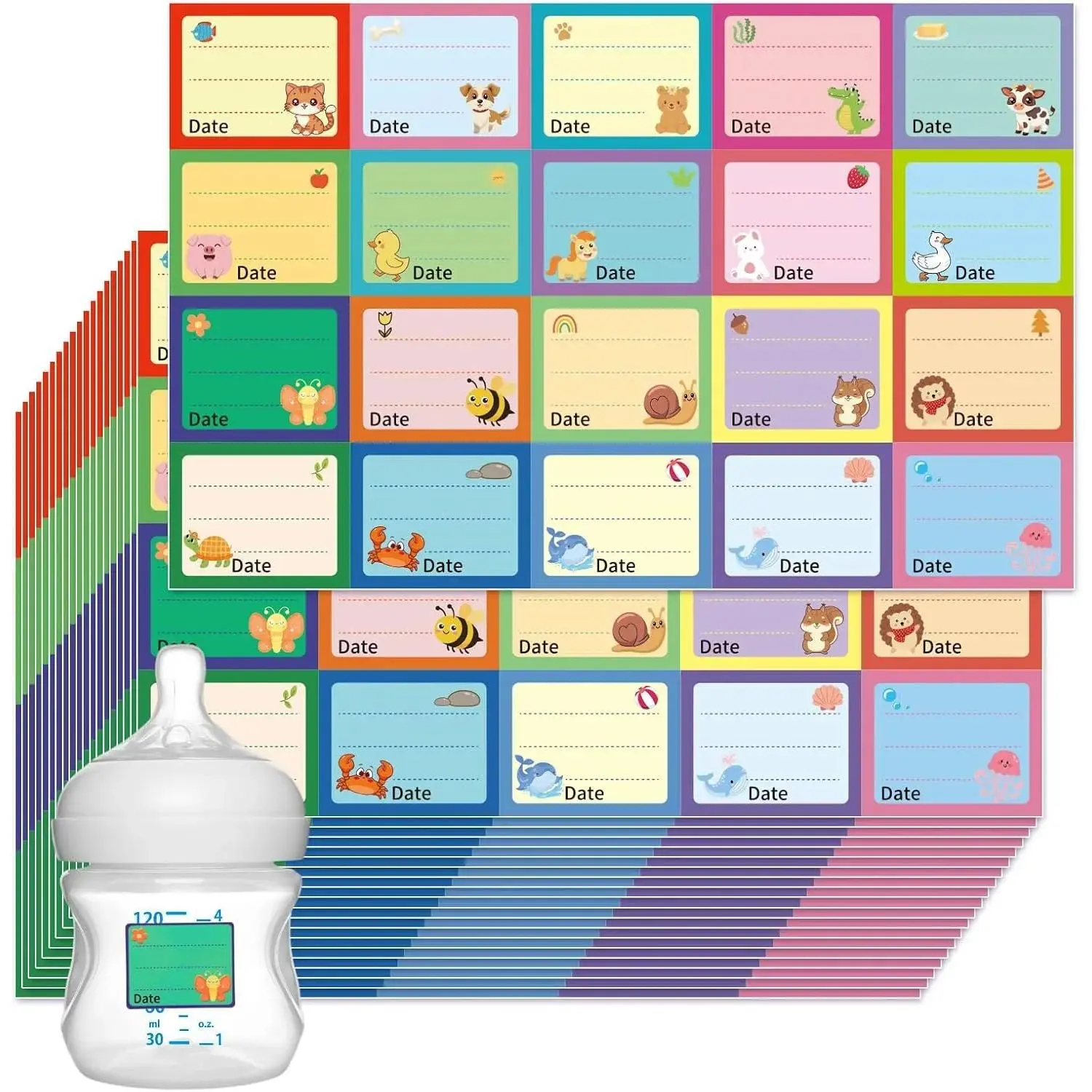 600 Baby Bottle Labels for Daycare, 20 Multicolor Animal Designs