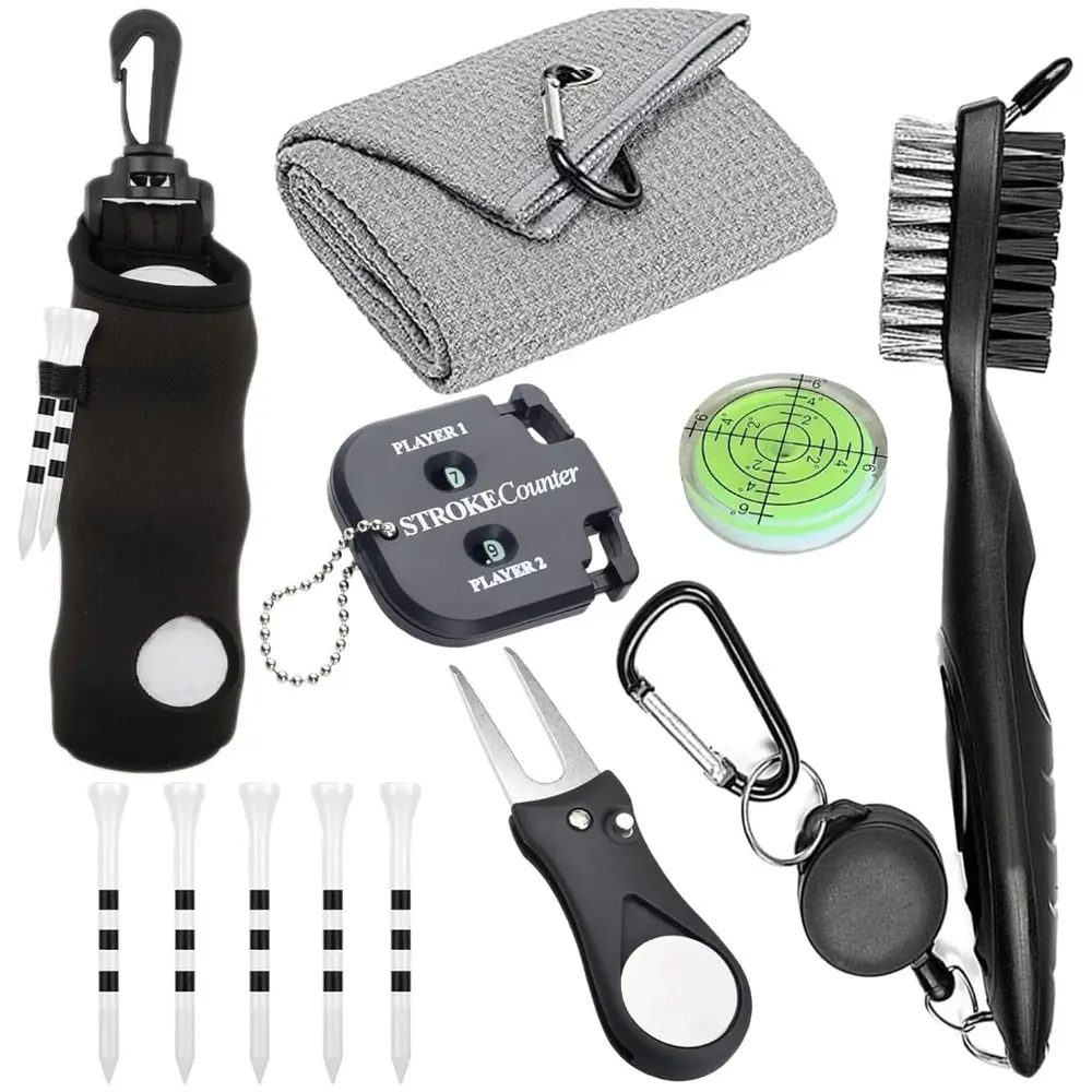 Golf Club Accessories Kit with Hooked Cleaning Brush - Golf Gear Includes Ball Bag, Tees, Towel, Ball Marker, Divot Tool, Scorecard, Unisex Portable Multi-functional Set