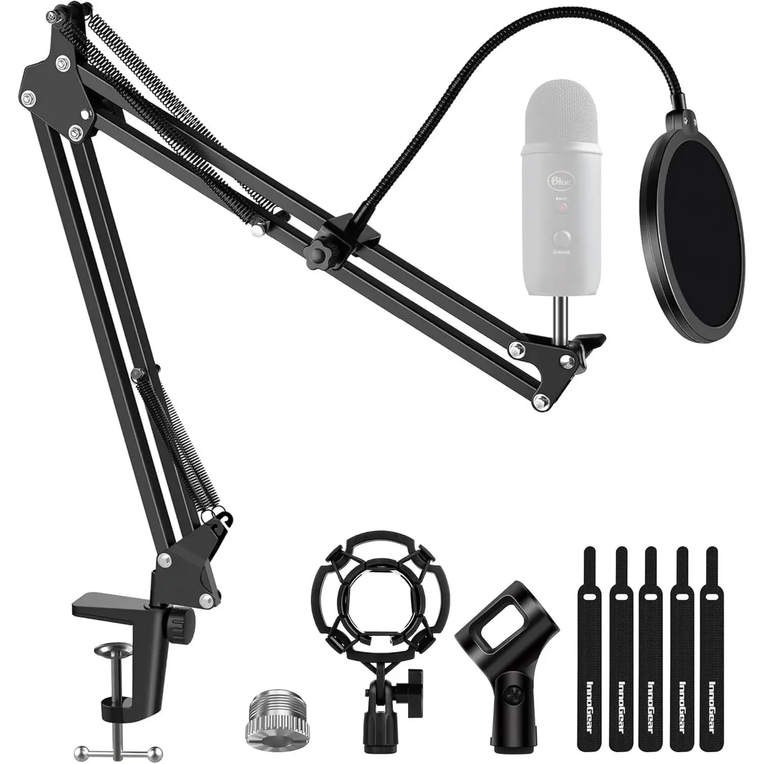 Microphone Stand Mic Boom Arm for Blue Yeti HyperX QuadCast S SoloCast Snowball Fifine K669B and other Mic, with Shock Mount Windscreen Pop Filter Mic Clip Holder Cable Ties, Medium