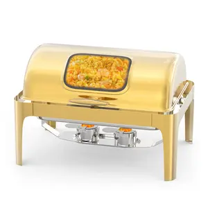9QT Roll Top Chafing Dish Professional Buffet Food Warmer Server Stainless Steel Chafers and Buffet Warmers Sets with Glass Window Luxury Gold Accents for Catering Party Wedding Banquet Corporate Holiday Events Full Size