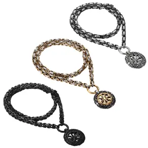 24" Mens Viking Byzantine Chain Heavy-Duty Compass Necklace Norse Amulet Jewelry