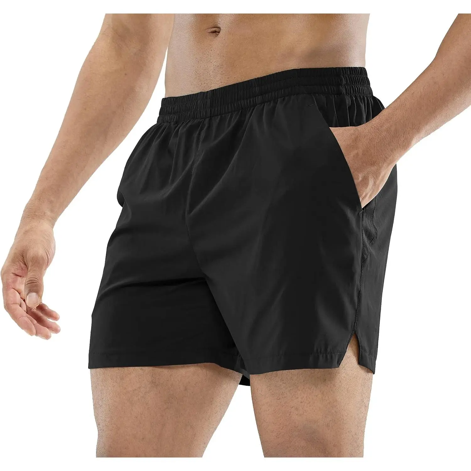 Male Athletic Wear 5-Inch Inseam Running Shorts, Quick-Dry Polyester Blend with Multiple Pockets, Soft Elastic Waist, Inner Drawstring, Side Split, Machine Washable for Running/Gym