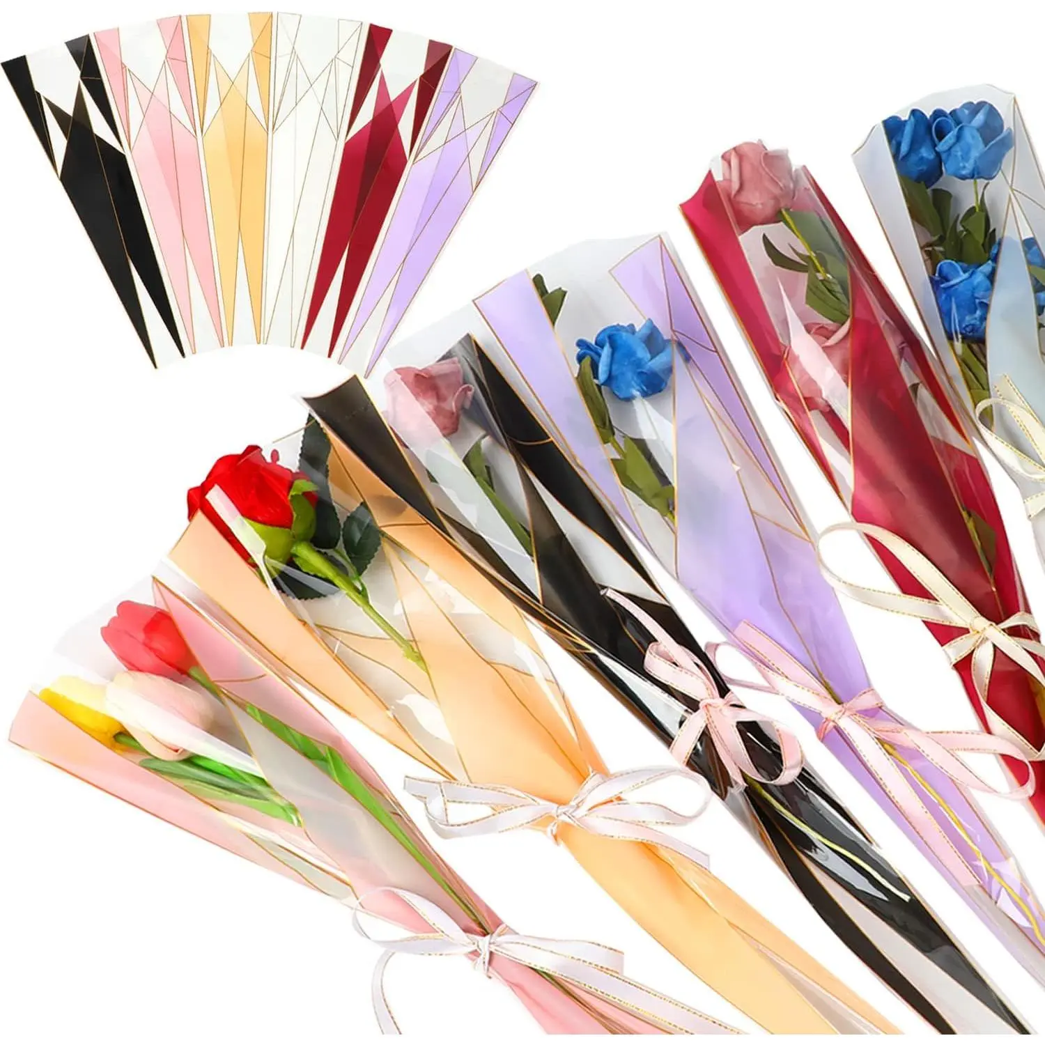 120pcs Mixed Colors Single Flower Sleeves Wrapping Bags - 17.7h x 4.92w inches, 20pcs Each Color, Great Size Florist Packaging for Bridal Events, Anniversary, Floral Arrangement Supplies