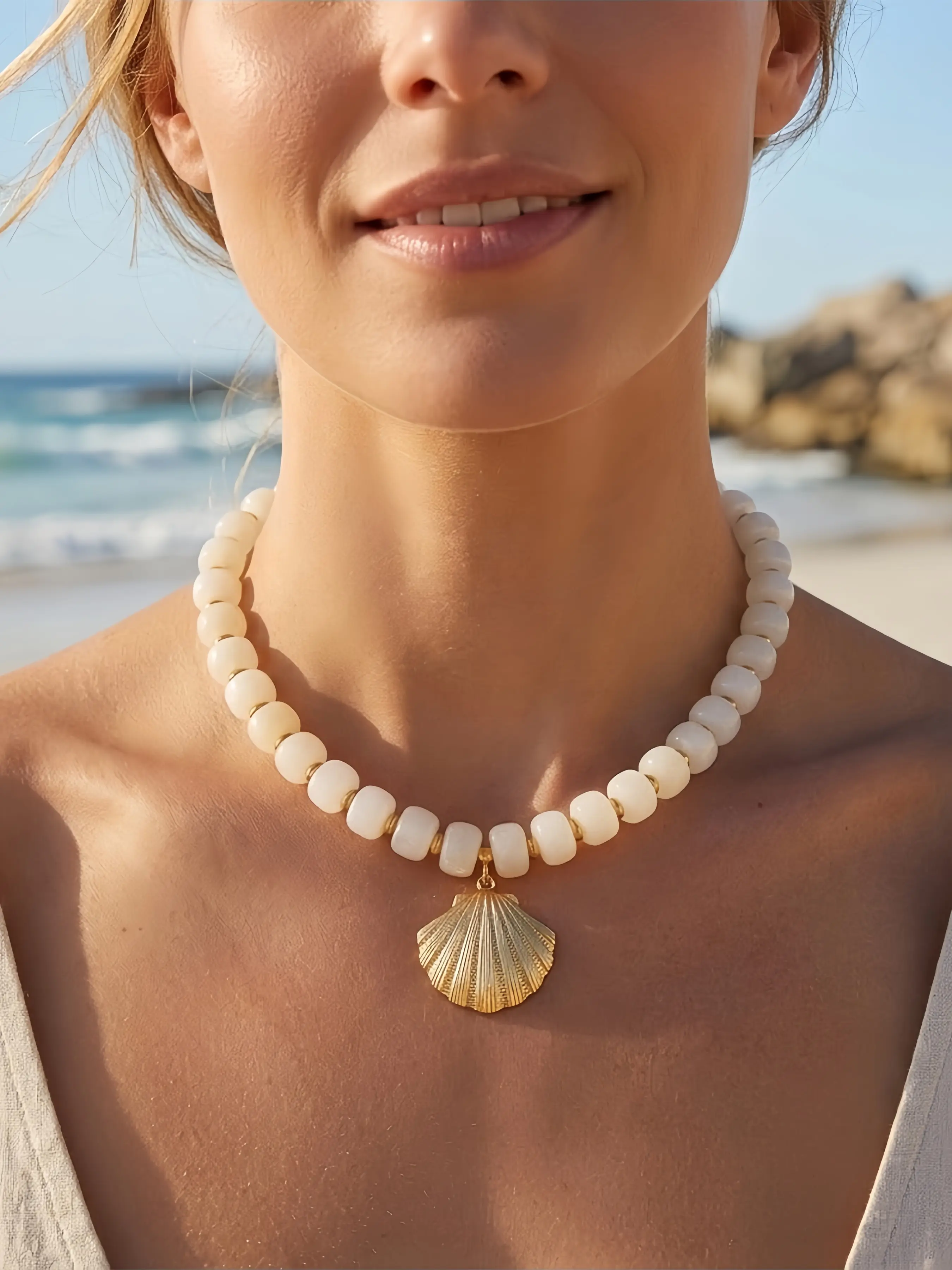 Beach Necklace for Women, Colorful Chunky Beaded Necklaces, Sun Fish Shell Starfish Pendant, Boho Summer Statement Jewelry Ax018