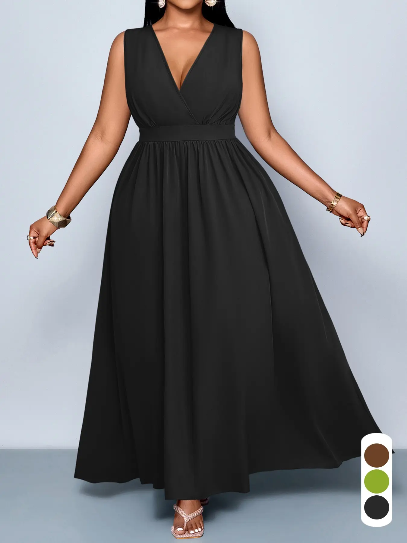 Summer Elegant Chic Sexy Casual Women's Solid Plus Size Dress, Deep V Neck Sleeveless High Waist A-Line, Fashion Summer Plus Size Dress