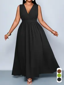 Summer Elegant Sexy Casual Women's Solid Plus Size Dress, Deep V Neck Sleeveless High Waist A-Line, Fashion Summer Plus Size Dress