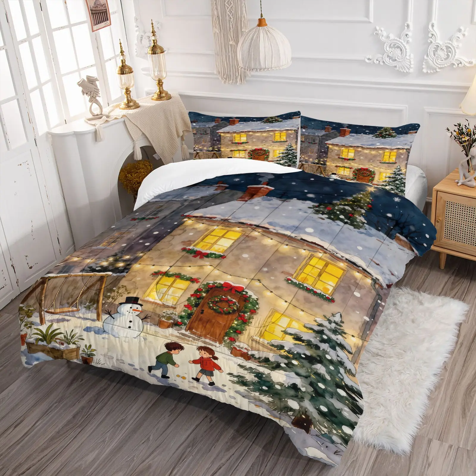 Christmas Themed Bedding Set with Snowy Winter Atmosphere, Soft Decor for Adult Bedrooms, Great Gift for Friends & Family, Ideal Housewarming & Holiday Present. Includes 1 Quilt and 1 or 2 Pillowcases, Pillow Inserts NOT INCLUDED