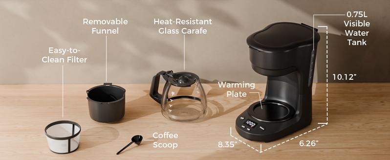 Kismile Compact Drip Coffee Maker 5-Cup Anti-Drip System Timer Removable Funnel Auto Shut-Off Anti-Dry Protection Dishwasher-Safe for Home & Office Black