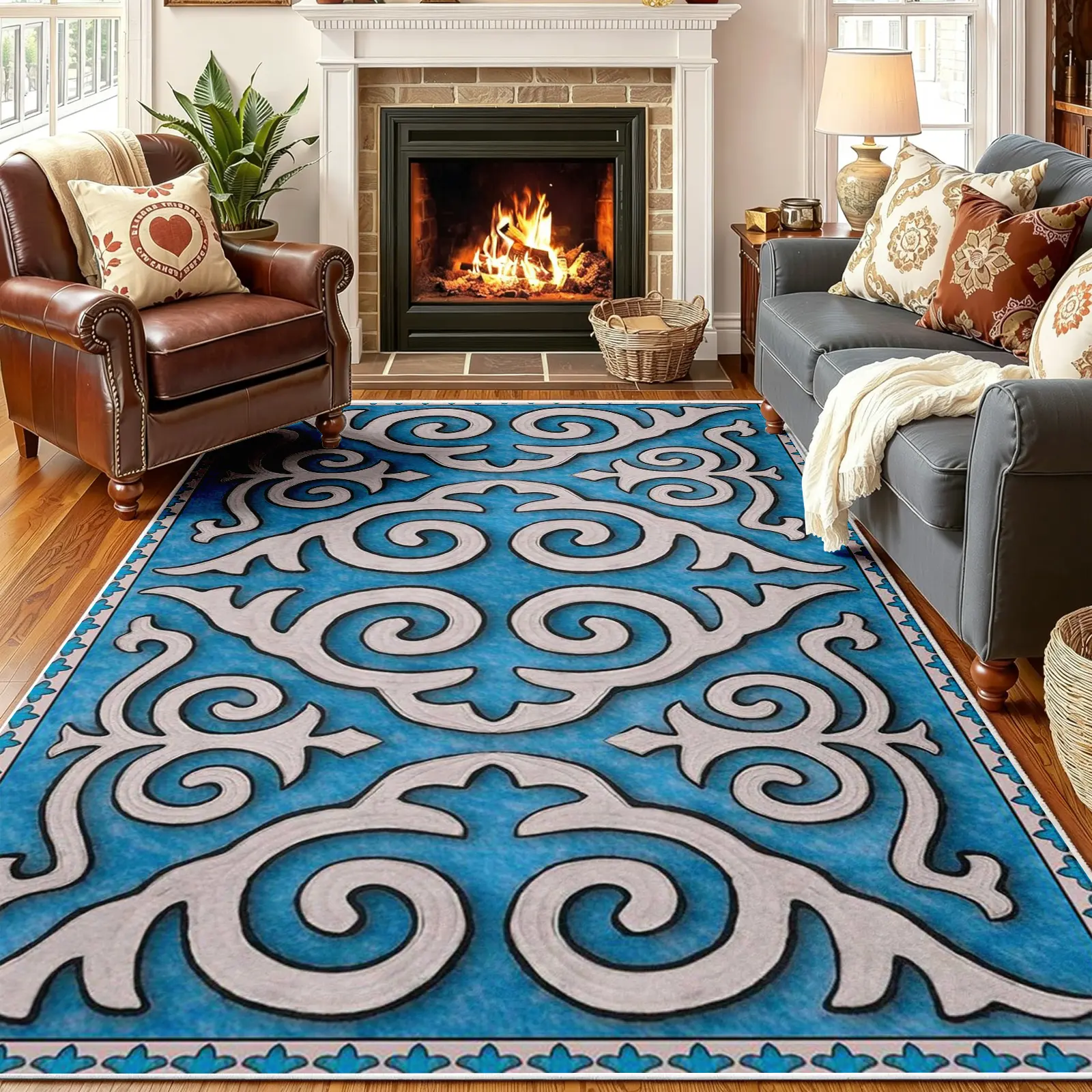 Fresh Classic Rug, Light Blue Base with White Scrolling Medallions and Black Outline Accents, Non-Slip Machine Washable Carpet, Durable Soft Low Pile Mat, Rugs for Living Room Bedroom Room Decor, 8 x 10 ft Area Rugs