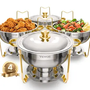【DealsForYouDays】VEVOR Chafing Dish Buffet Set, 5 Qt 4 Pack, Stainless Steel Chafer with 4 Full Size Pans, Round Catering Warmer Server with Lid Water Pan Folding Stand Clip, for Weddings Parties Banquets, Gold