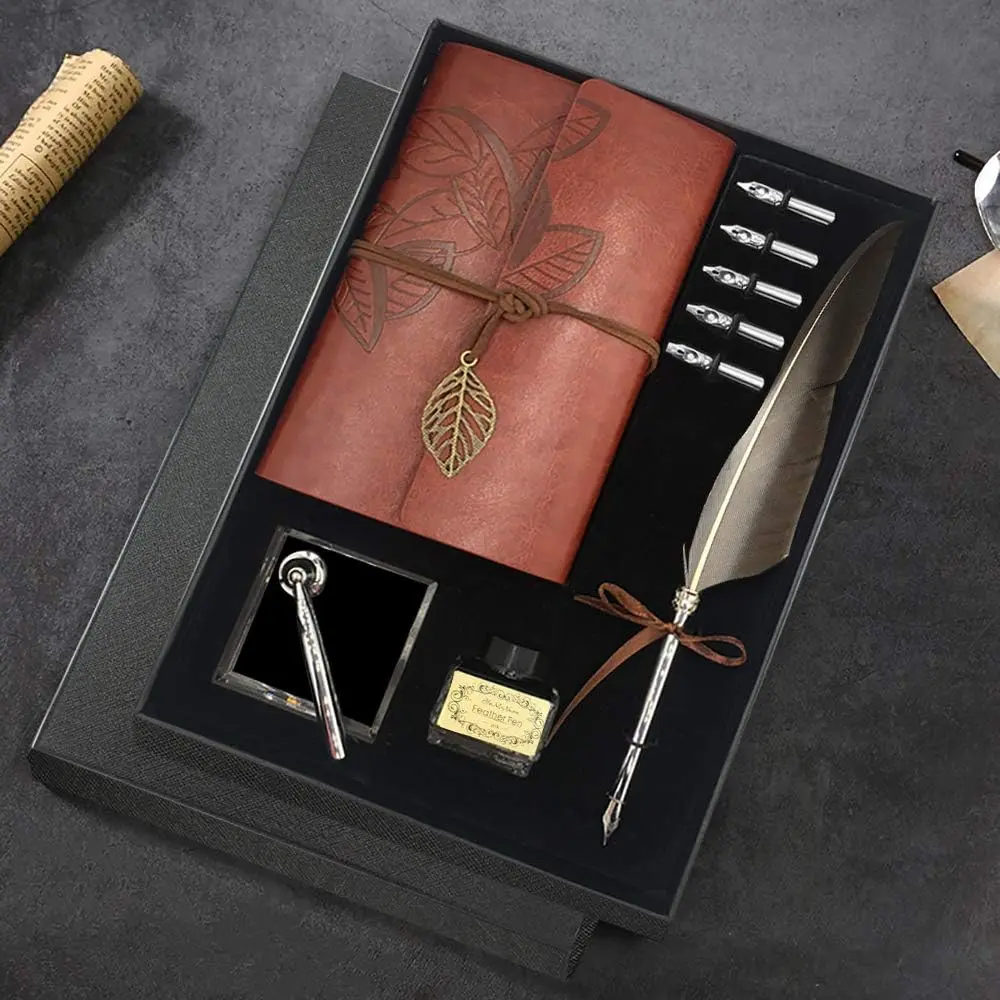 Quill Pen and Ink Set, Antique  Dip Calligraphy Pen Set, including  Pen, 5  Nibs, Pen Nib Base, Notebook, Ink,  Box,  Gifts for Men Dad (Grey)