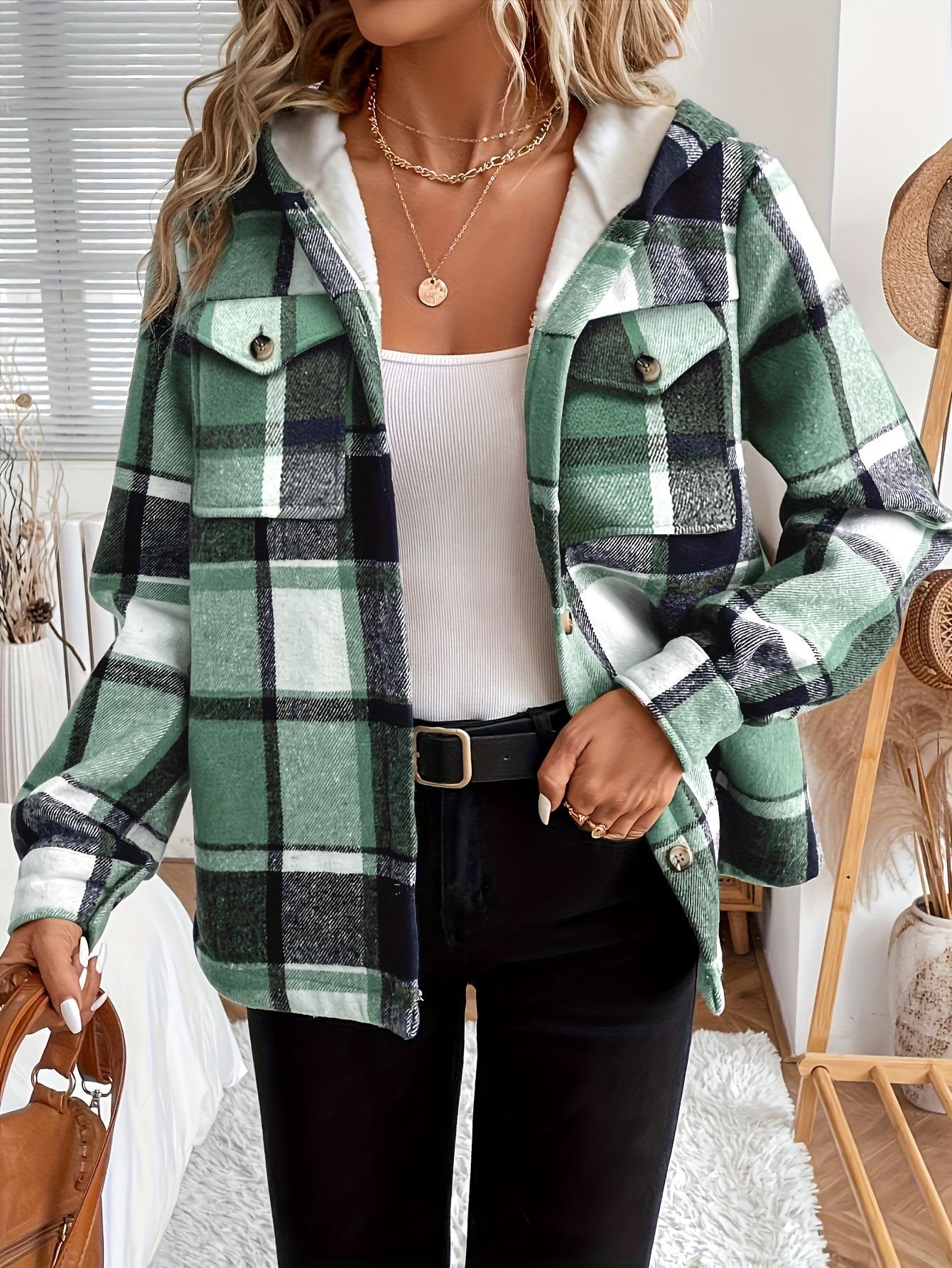 Women's Casual Plaid Hooded Jacket with Fleece Lining Woven Shirt  All-Season Warmth Lightweight Outerwear Coats Fashionable Winter Jacket