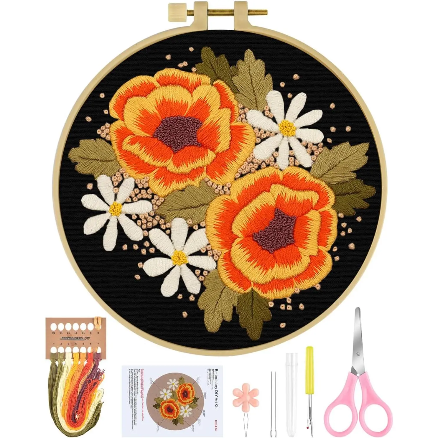 Embroidery Kit for Beginners, Flower   Set Include Embroidery Cloth Hoops Threads for Craft Lover Hand  with Embroidery Skill Techniques (Floral)