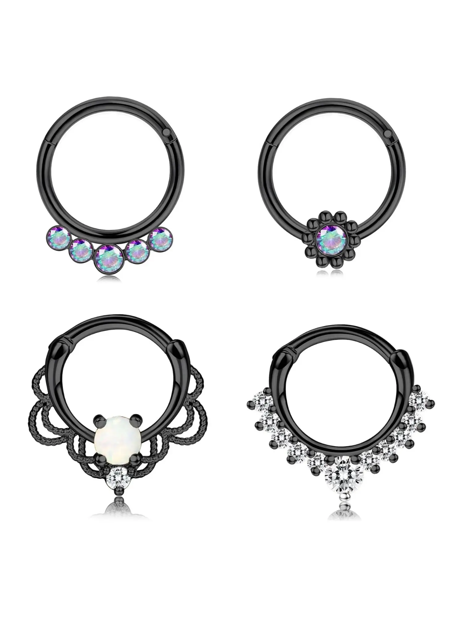 4 Pcs Black Septum Clicker Rings Multipack Hypoallergenic Stainless Steel Hoop Paired with Copper Decorative Parts Embedded Shiny AB Rainbow CZ Opal for Unisex Flower Colorful CZ Hoop Goth Style Piercing Jewelry for Septum Daith Helix Cartilage Piercings