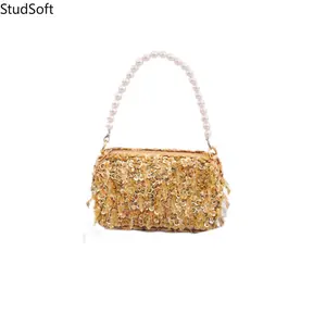Gold Sequin Evening Clutch Bag Luxury Tassel Purse Pearl Handle Chain Handbag Sparkly Metallic Fringe Crossbody Shoulder Pouch for Wedding Party