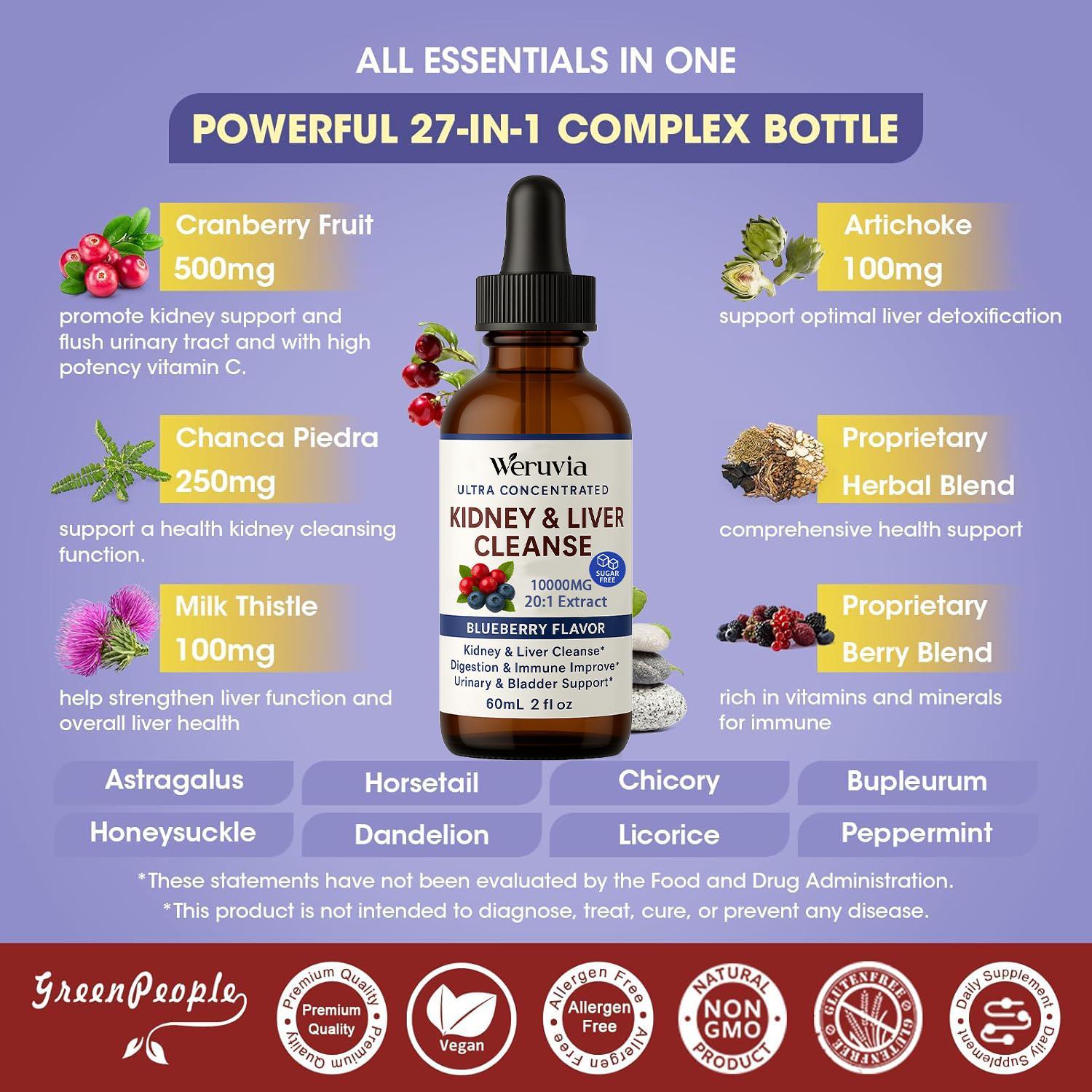 27-in-1 Kidney Cleanse Detox Repair Drops - 20:1 Cranberry Extract and Urinary Tract & Liver Cleanse - Vegan Kidney Support Supplement - Alcohol Free, Non-GMO (2 oz Pack)