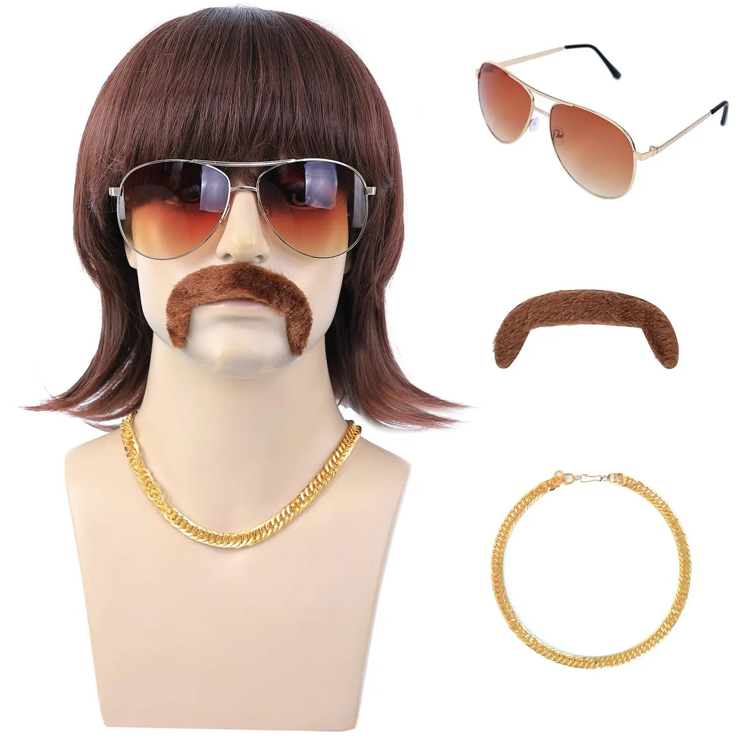 5pcs 70s 80s Disco Costume Set | Short Brown Mens Mullet Wig with Mustache Glasses & Chain for 60s Singer Rocker Hippie Cosplay Halloween Party(Gift)