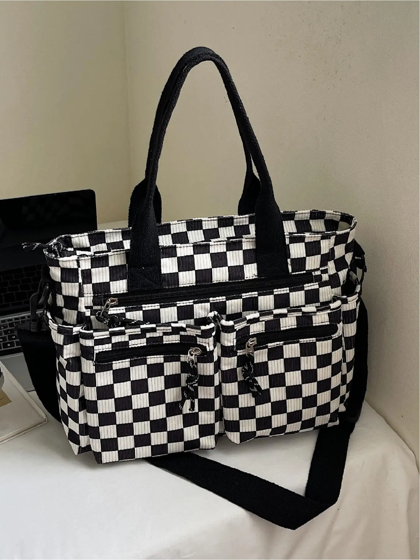 Checkered pattern corduroy large capacity multi pocket mommy bag with simple design, portable crossbody bag for work and daily use, tote bag, Casual Commuter Bag