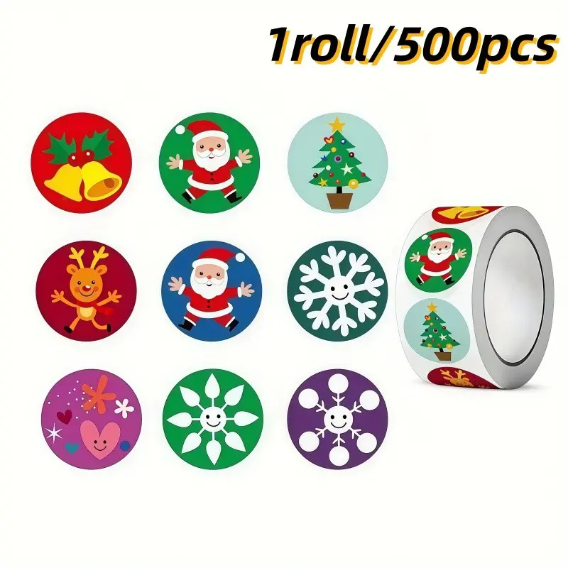1 Roll/500pcs Christmas Snowflake Stickers, Multicolor Mixed, Ideal for Gift Wrapping and Envelope Decoration, Holiday Gift Packaging Decorations