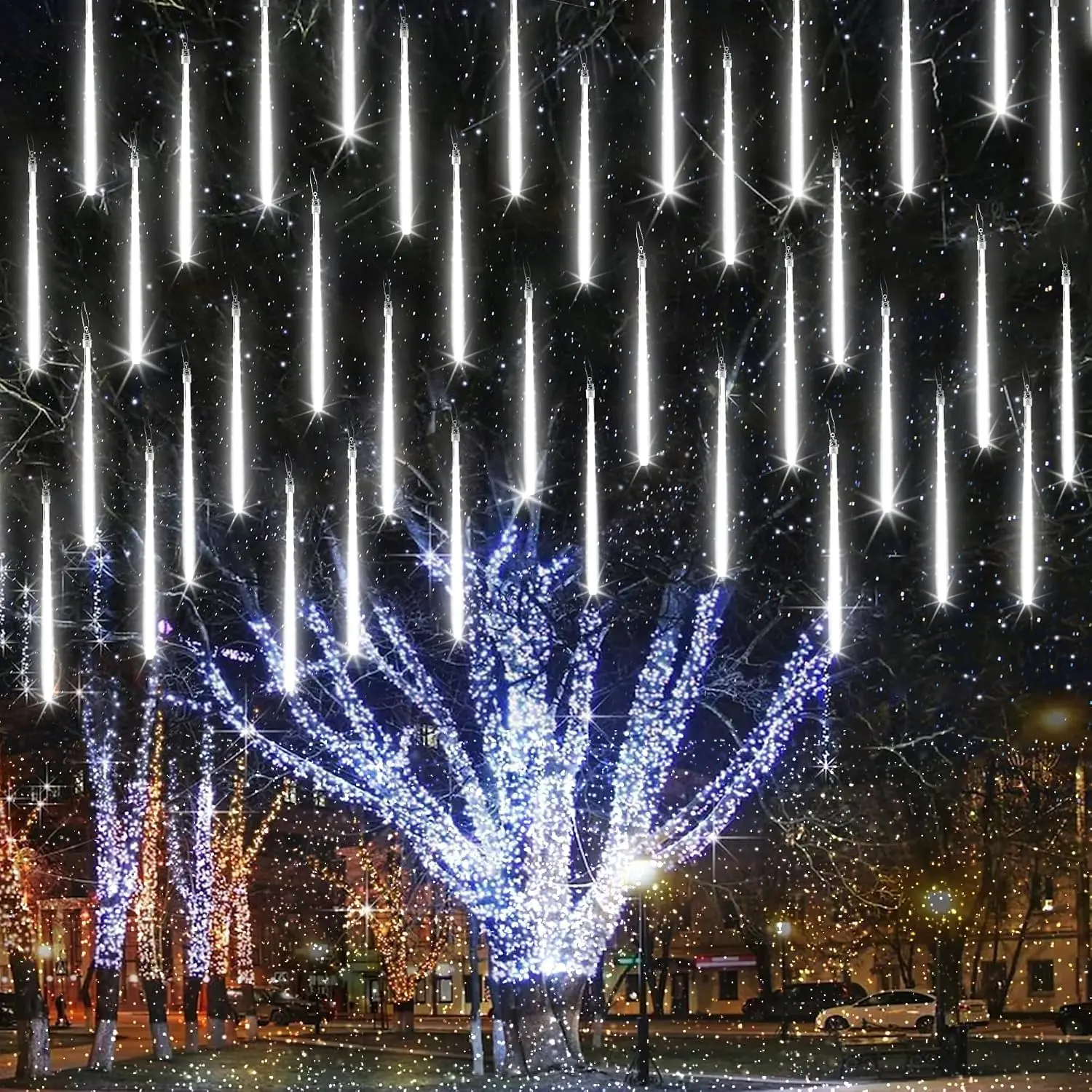 Christmas Lights Outdoor 11.8 inch 10 Tubes Meteor Shower Lights | 240LED Icicle Lihgts Cascading Light with Timer  and Connectable for Christmas Decoration (White)