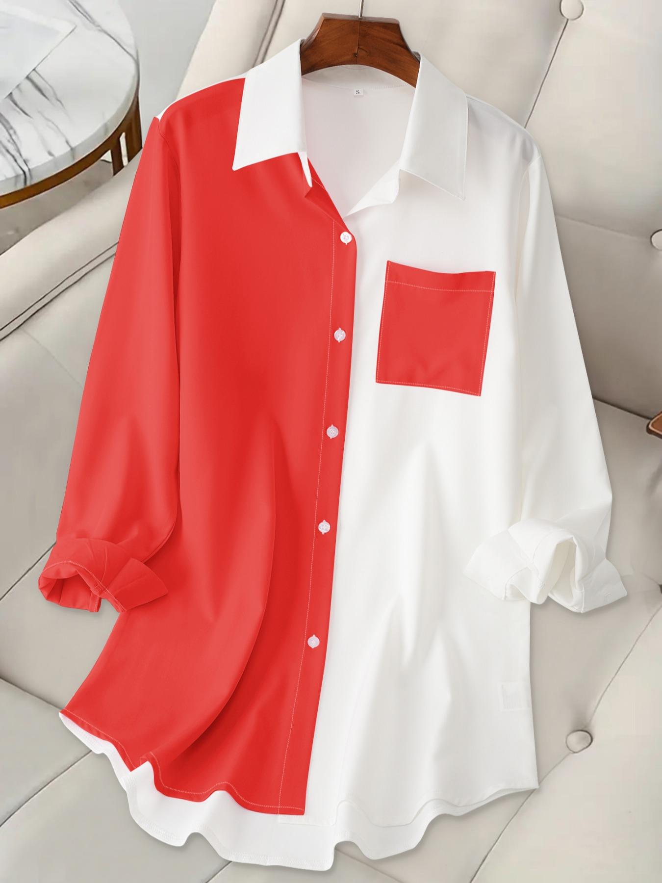 Women's Colorblock Pocket Button Front Curved Hem Shirt, Casual Button Down Long Sleeve Top for Summer, Ladies Clothes for Daily Wear