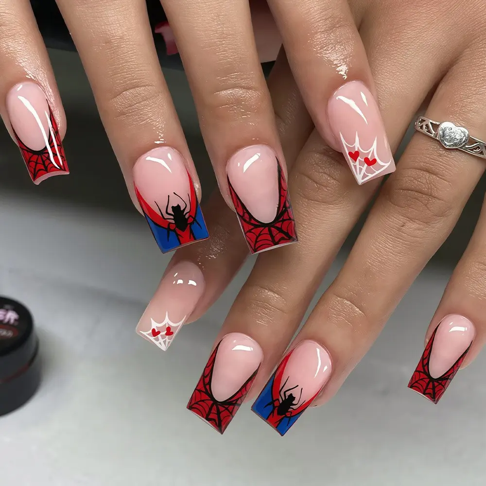 Halloween Spider Web Atmosphere Nail Art, Spider Heart French Style, Elegant Wearable Nails, Perfect for Festive Occasions, Nail Designs