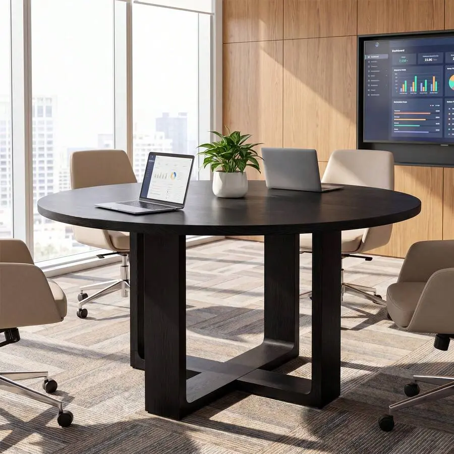 47.24" Black Round Conference Table 4–6, Solid Wood Meeting Table With Stable-Shaped Base, Business Seminar Desk Conference Room, Home Office