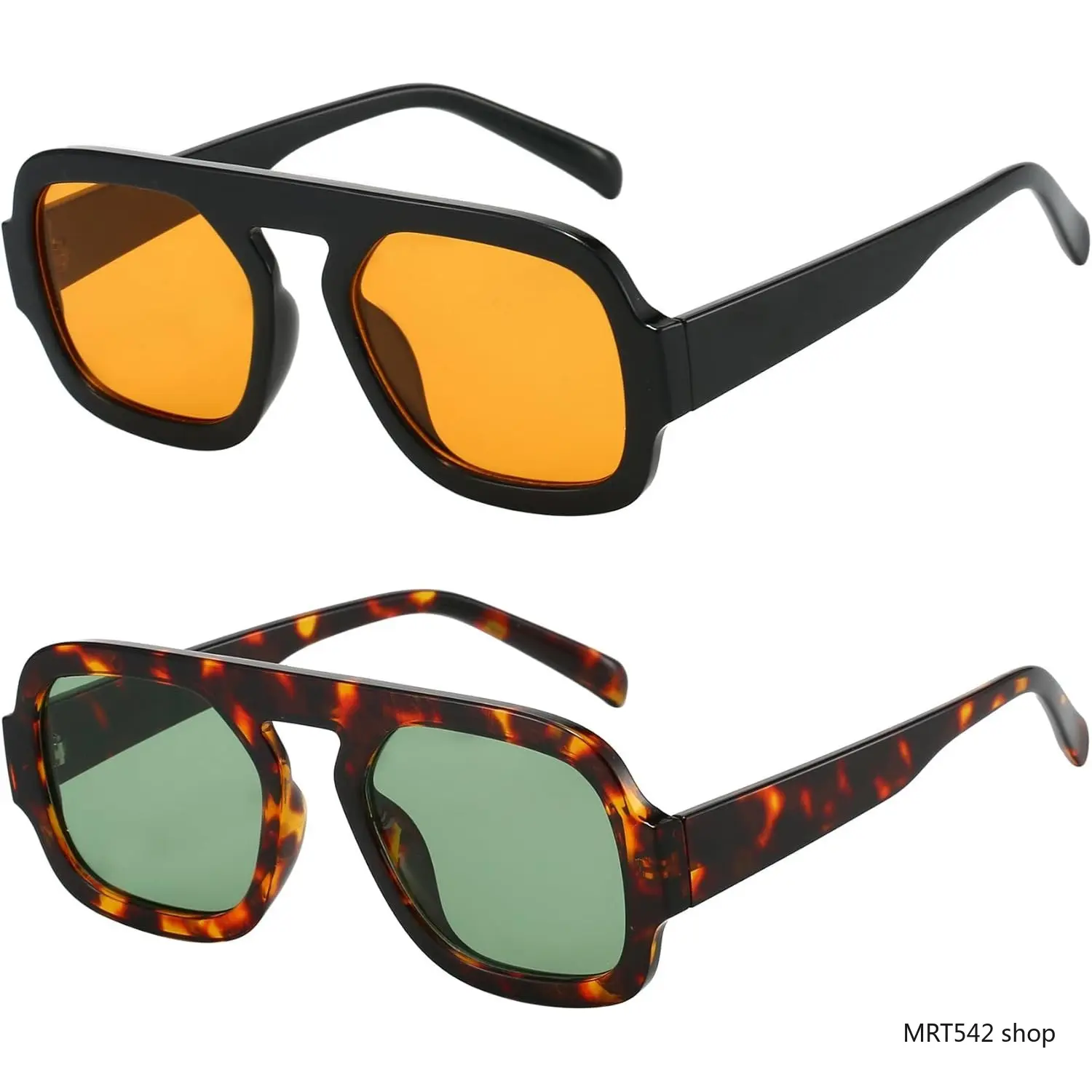 2PC Vintage Square Sunglasses for Women Men Pack Flat Top Aviator Eyewear, Retro 70s Thick Frame Tortoise Shell Shades, Trendy UV400 Protection Sun Glasses, Summer Driving Beach Travel