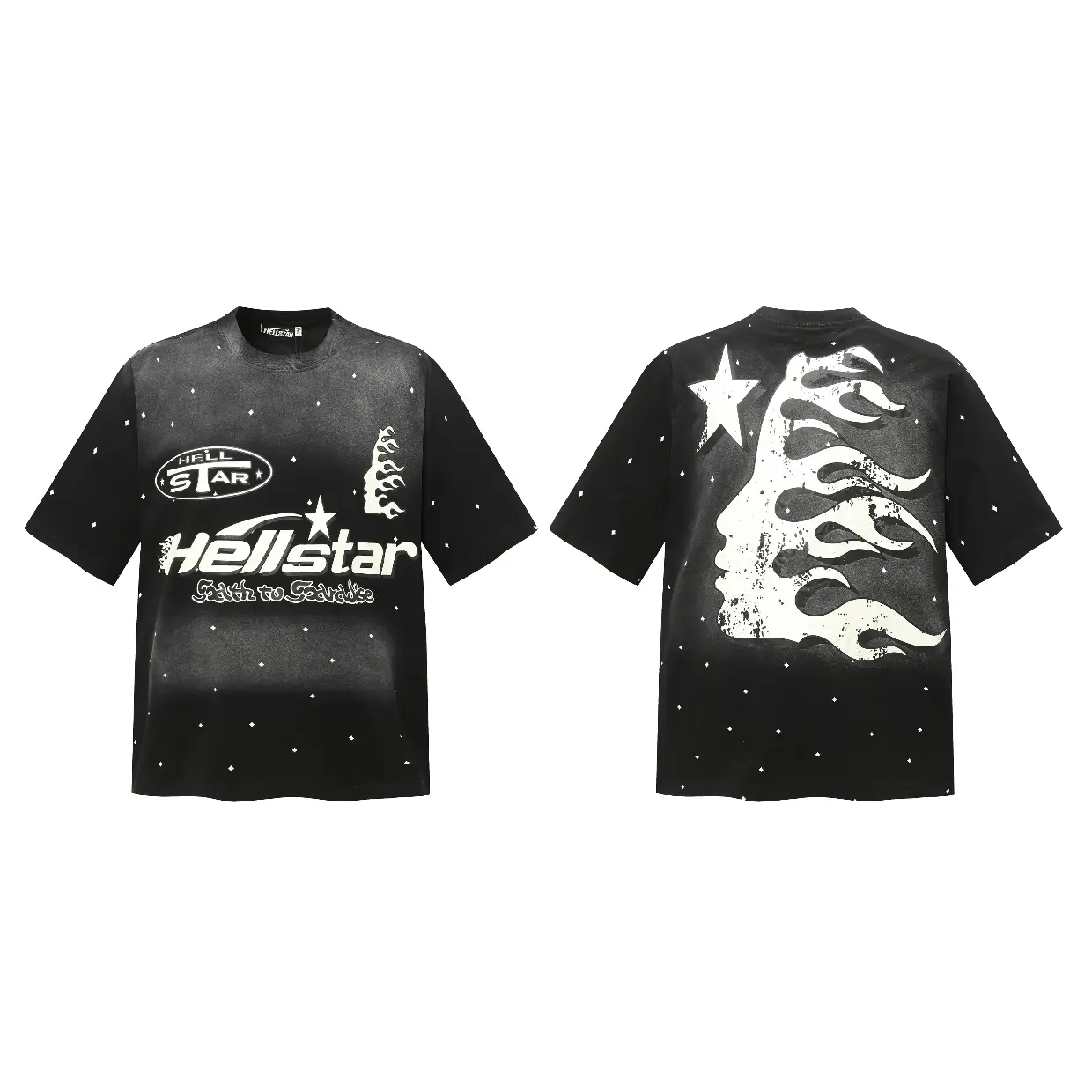 HELLSTAR Underground Rap Battle Vibe Certified Star Speckle Graphic Tee, Y2K Flame Face Print Heavyweight Cotton Mens Standard Fit Short Sleeve Shirt, Casual Live Concert Top Tshirt