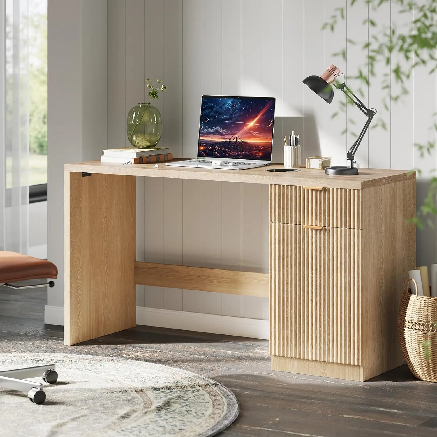 60" Modern Executive Office Desk with Storage Drawers & Fluted Design
