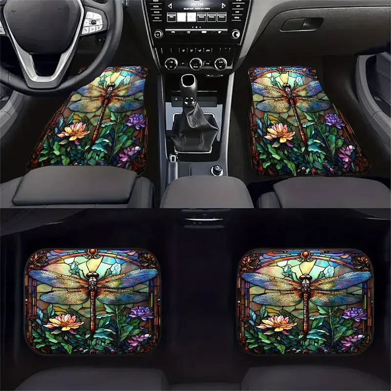 Stained Glass Dragonfly Universal Car Floor Mats with Floral Design 4pcs Set 100% Automotive Interior Decor Car Interior Accessory Front And Rear Floor Mats Car Foot Mats for Car Accessories